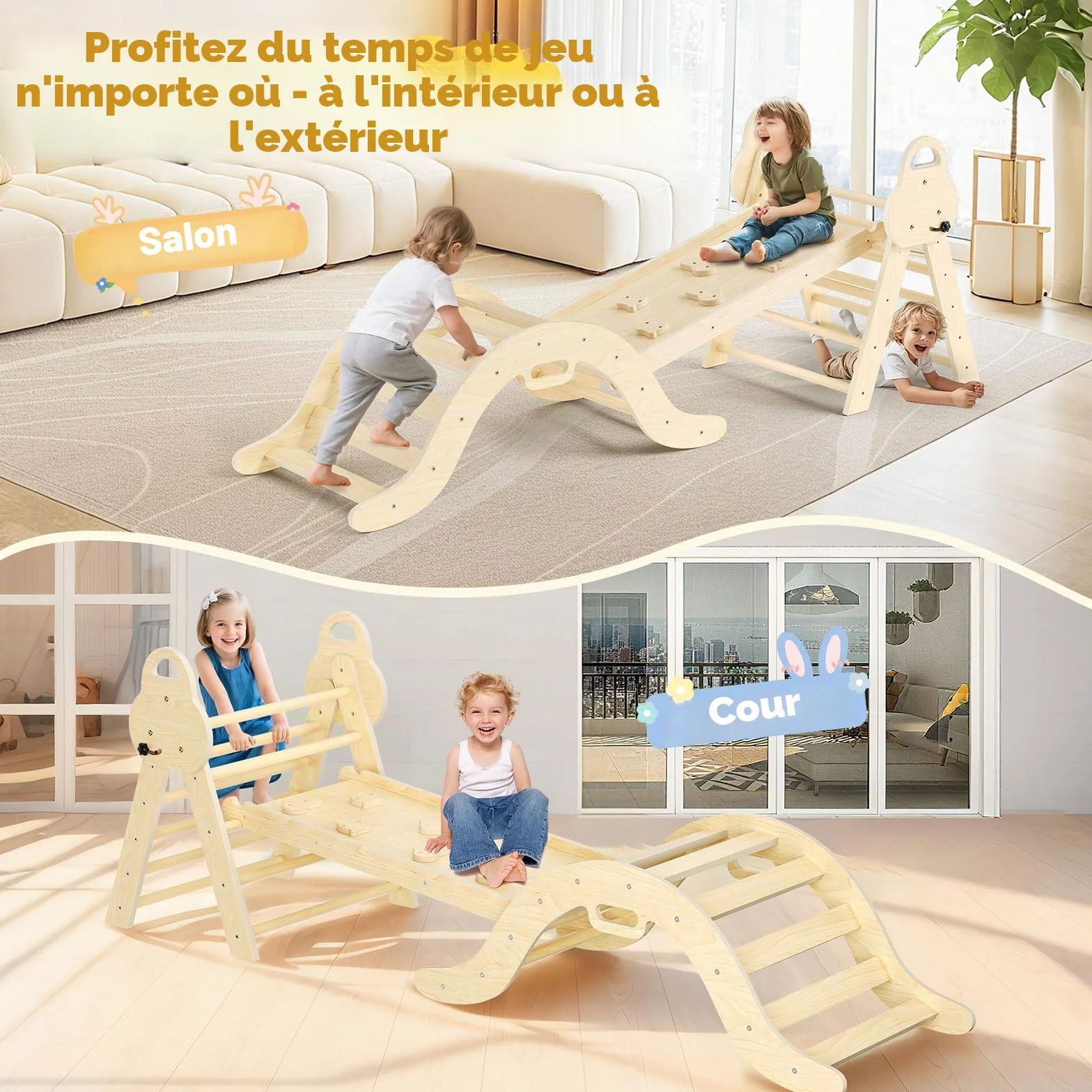 Kit de portique d'escalade Montessori 7 en 1 triangle d'escalade d'intérieur arche avec coussin et toboggan jouet en bois pour 1 à 5 ans