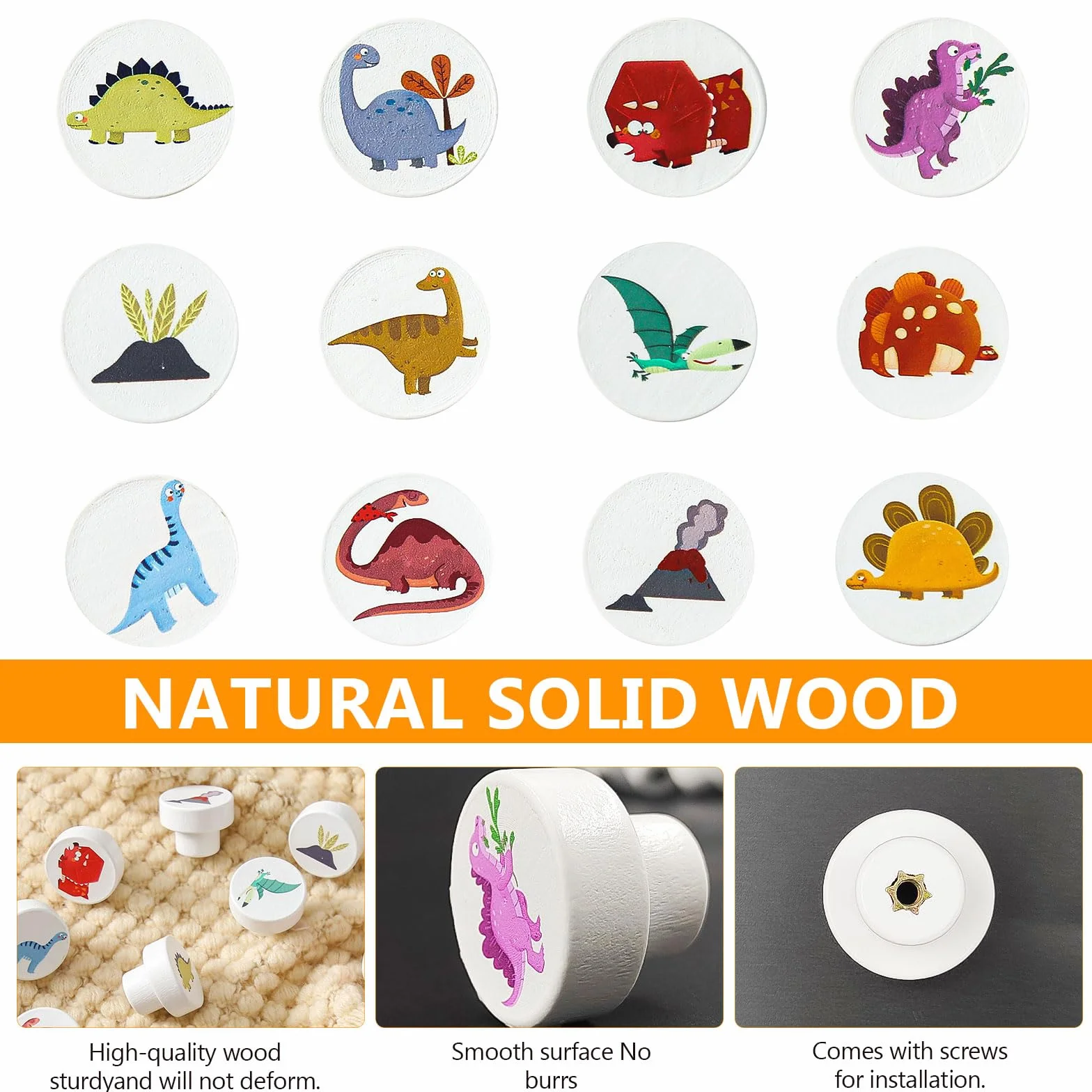 Bouton Tiroir Bois Rond 30 mm Dinosaures Blanc Placards Chambre Enfant 12 Pièces