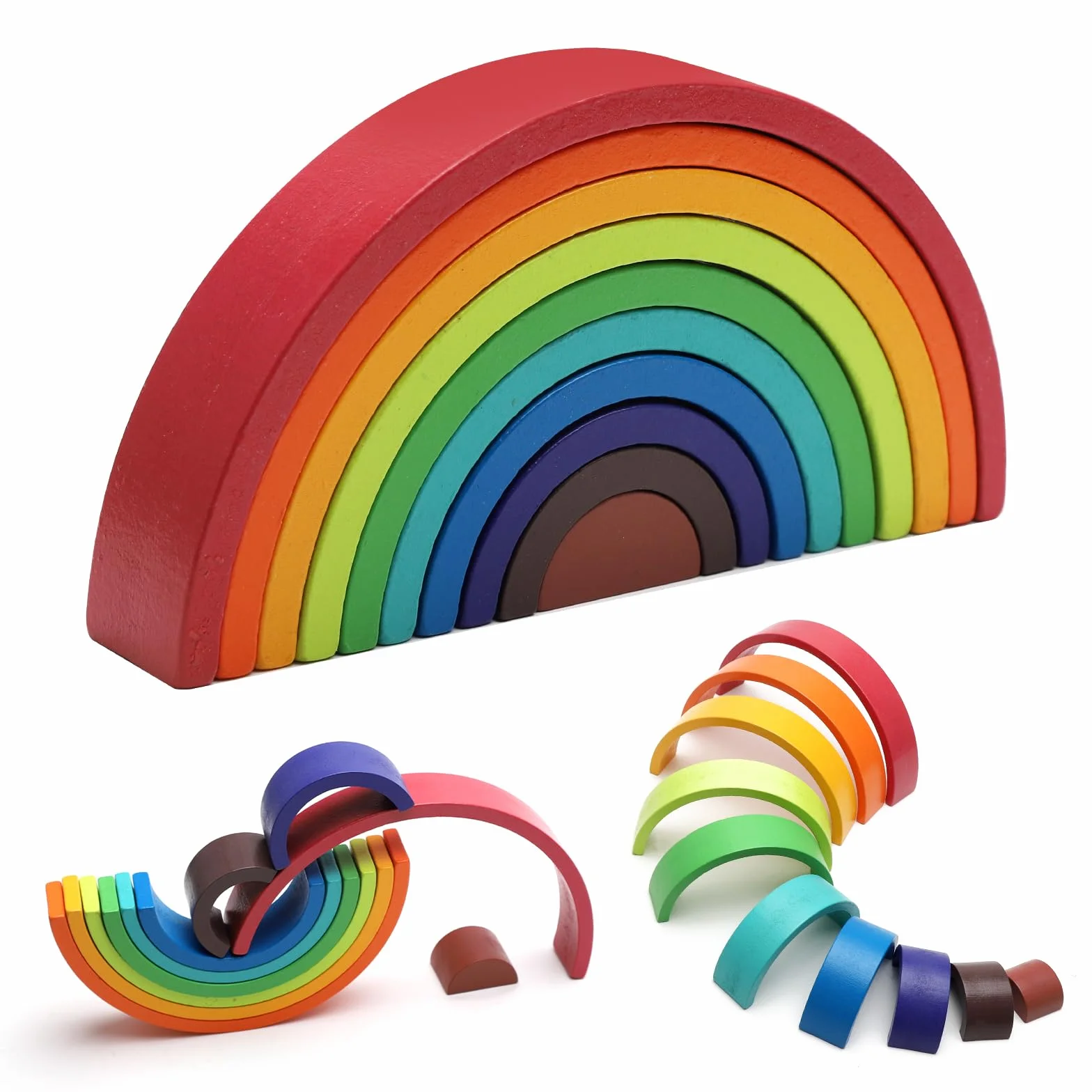 Blocs de construction en bois arc-en-ciel empilables pour enfants 10 couleurs