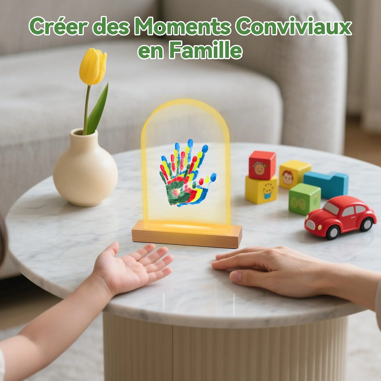 Empreinte Main Famille pour 4, Base en bois avec LED lumière, Cadre Empreintes Bebe Cadeau Fete des Meres