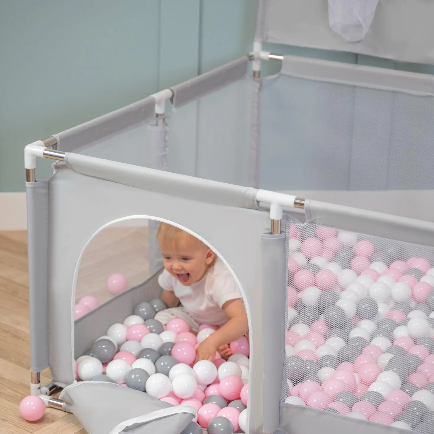 Selonis Parc Bébé Pliable avec 100 Balles Plastiques Aire de Jeu Basket, Bleu