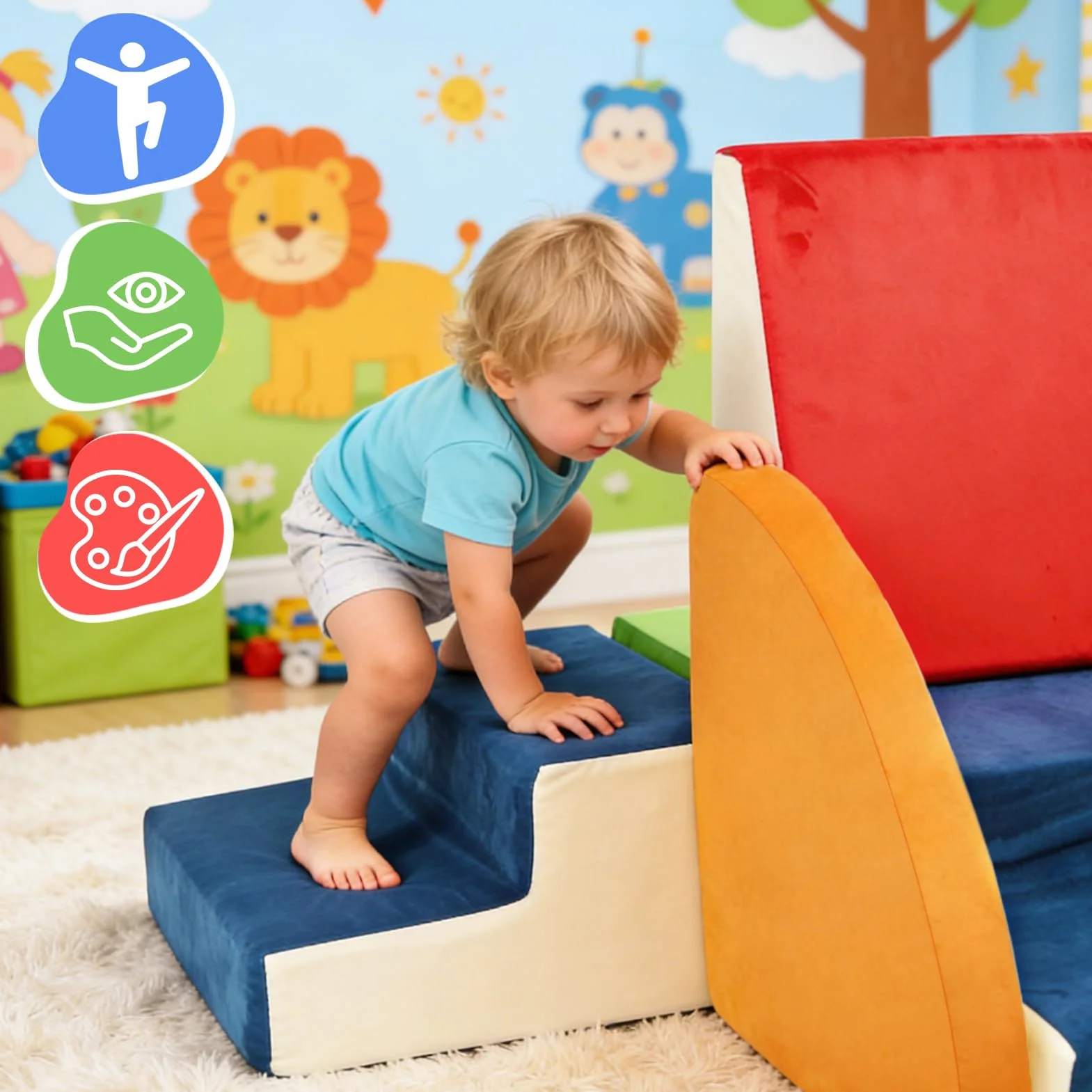 XIAPIA Lot de 6 Blocs de Construction en Mousse avec Tunnel de Jeu – Parcours Motricité – Toboggans d'intérieur Lavable