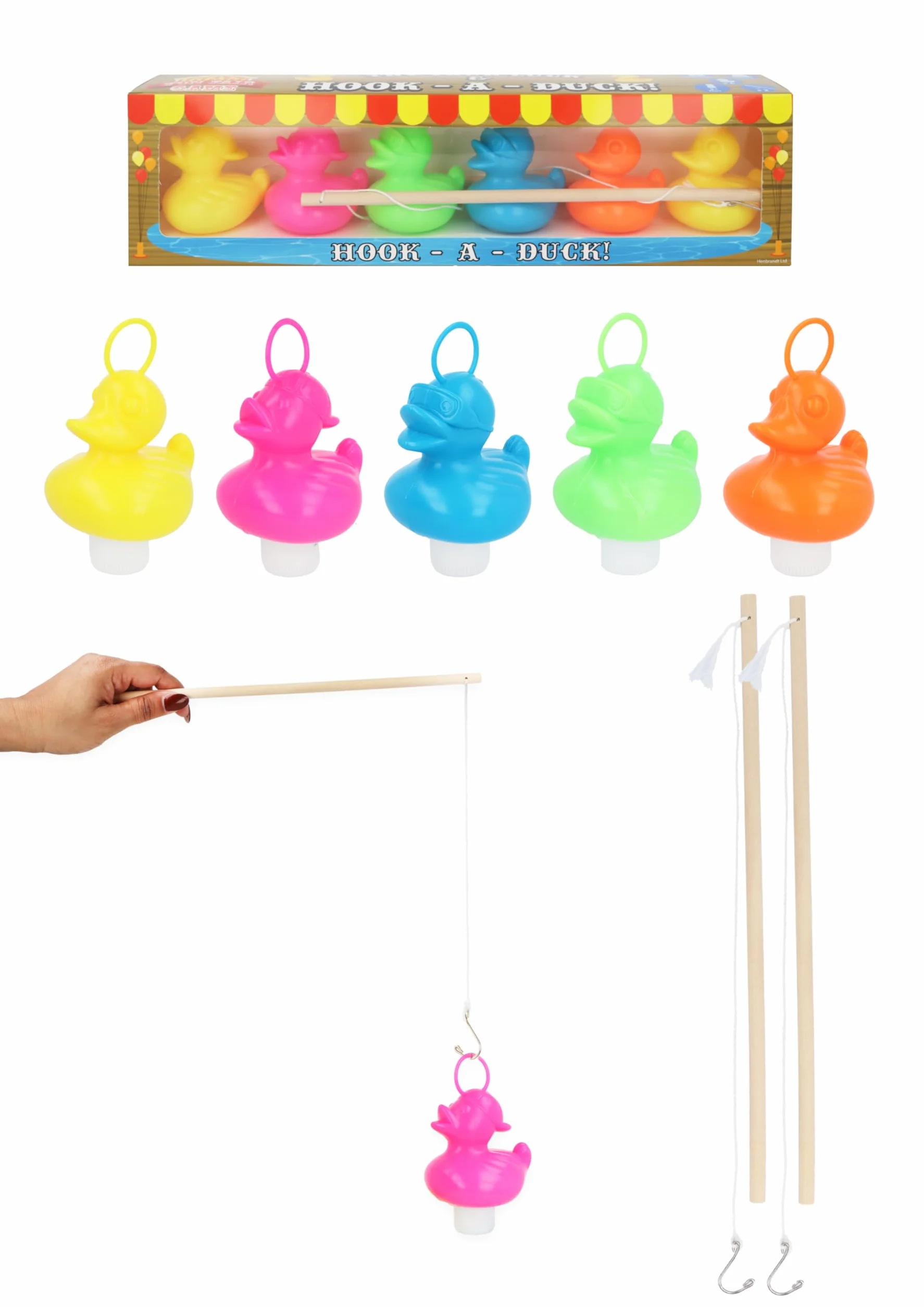Henbrandt Ensemble de jeu de pêche à la ligne avec 6 canards colorés et 2 bâtons de pêche en bois