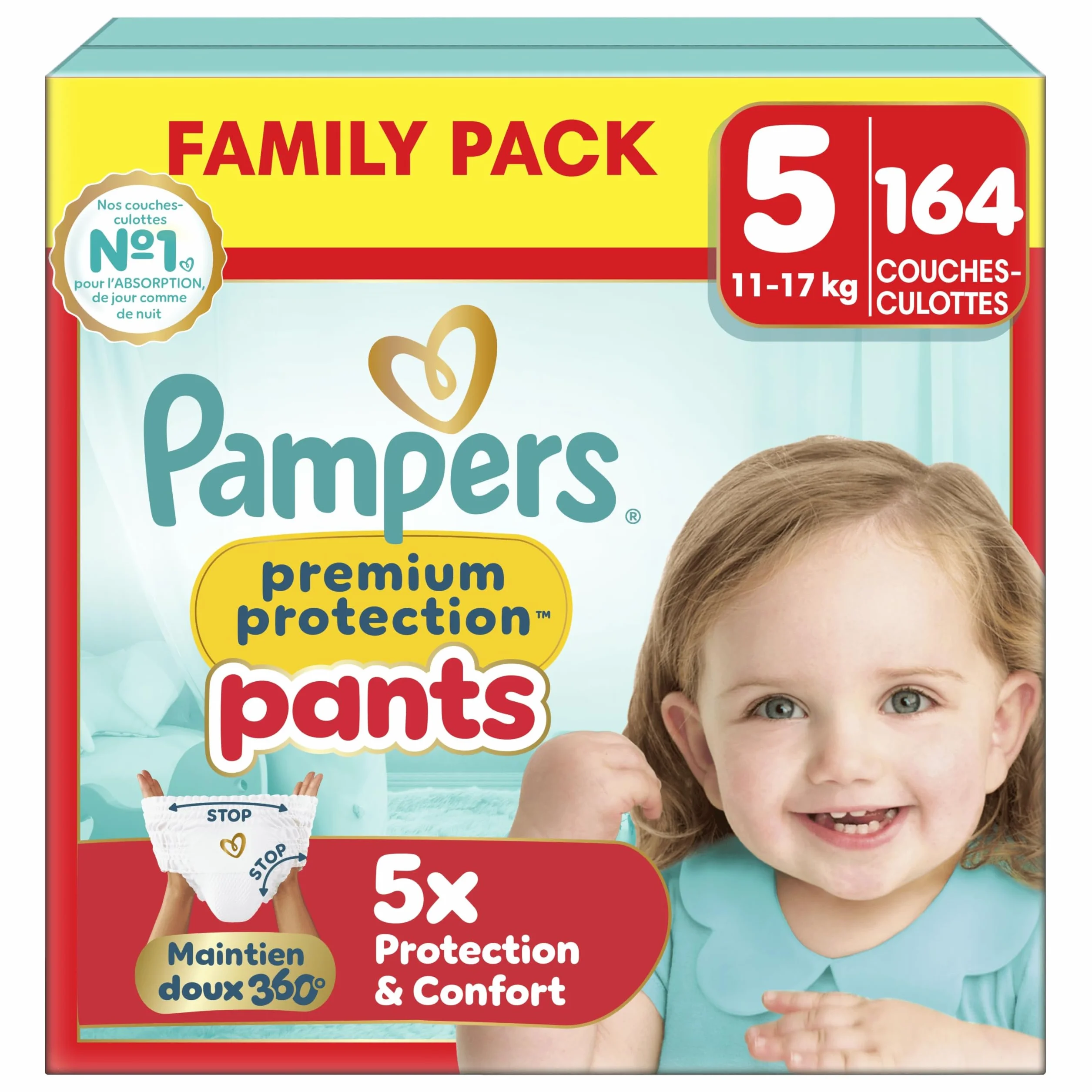 Pampers Premium Protection Pants Taille 5, 164 Couches-Culottes, 11kg-17kg, Maintien 360° et barrières anti-fuites douces, Family Pack