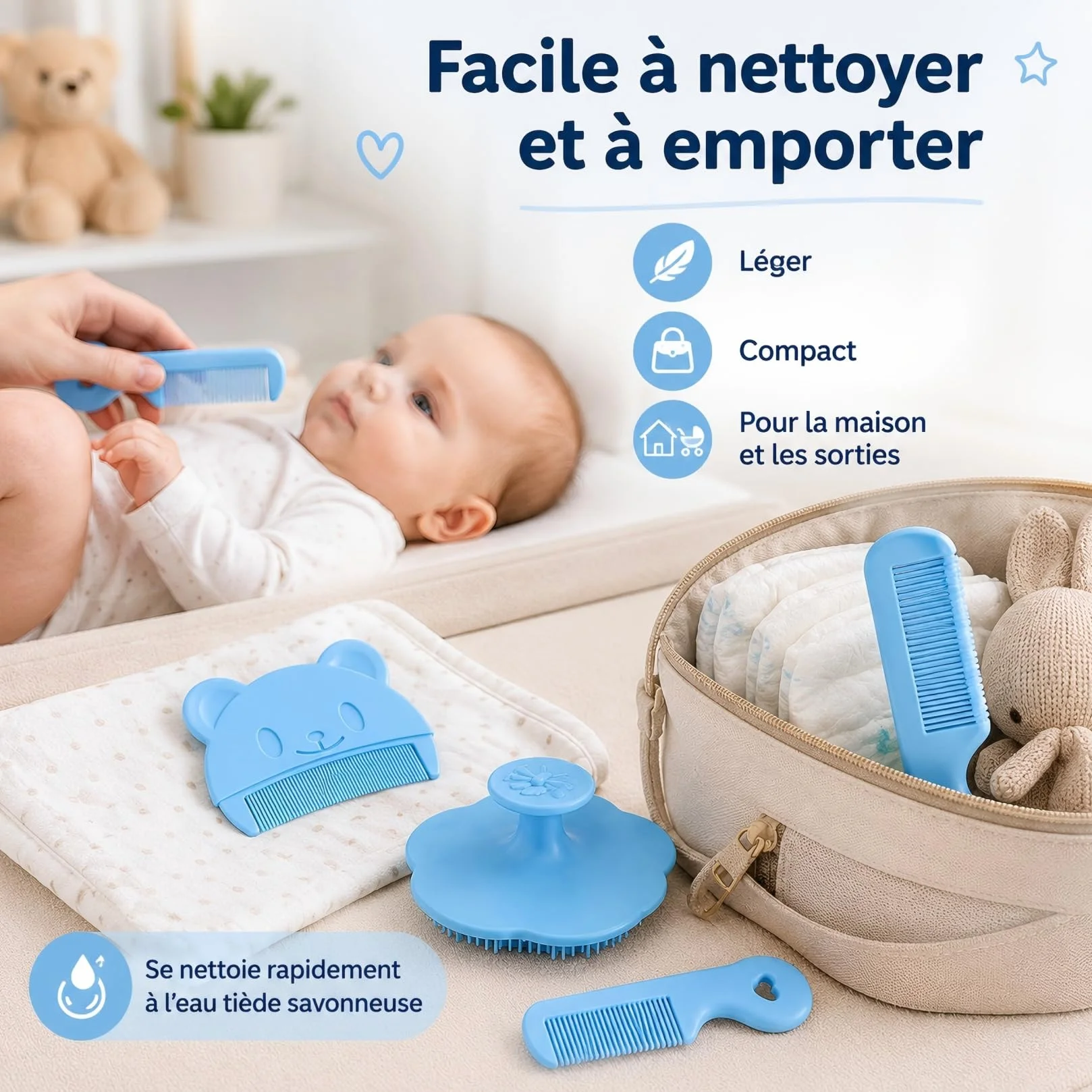 Lot de 4 Brosses et Peignes pour Bébé Anti-Croûte de Lait, Brosse à Cheveux Bébé, Peigne Doux pour Nettoyage et Massage du Cuir Chevelu