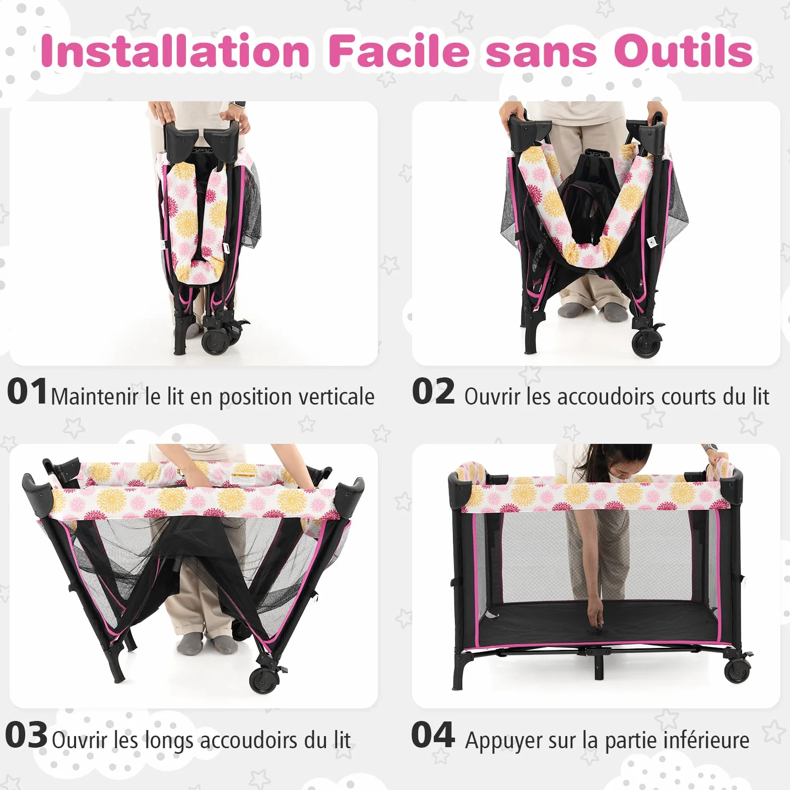 DREAMADE Lit Parapluie Bébé 4 en 1 107x72x119 cm Cododo avec Table à Lange & Matelas Noir+Rose