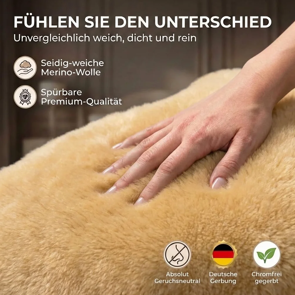 *** Notre LANABEST XXL Peau d'agneau Extra Grande. Lavable à 30° C. Tannage médical, fabriqué en Allemagne. Odeur agréable. Peau d`Agneau rasée a 3 cm. Longueur env. 100 cm