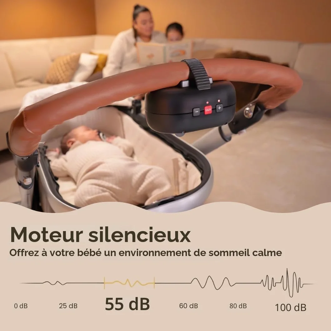 ZAZU Robby balançoire automatique bébé réglable minuterie 40 min capteur cri rechargeable USB-C étanche universel poussette buggy