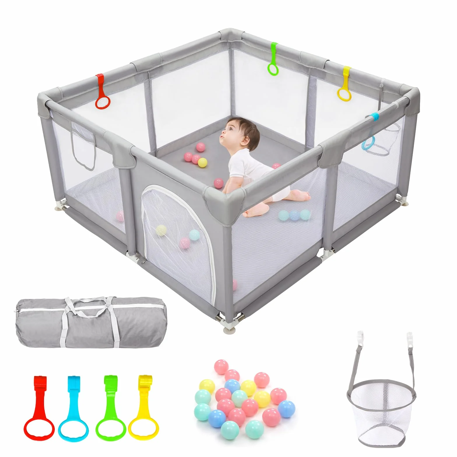 Parc pour bébés et tout-petits 128 x 128 cm gris clair avec maille respirante et protection en mousse