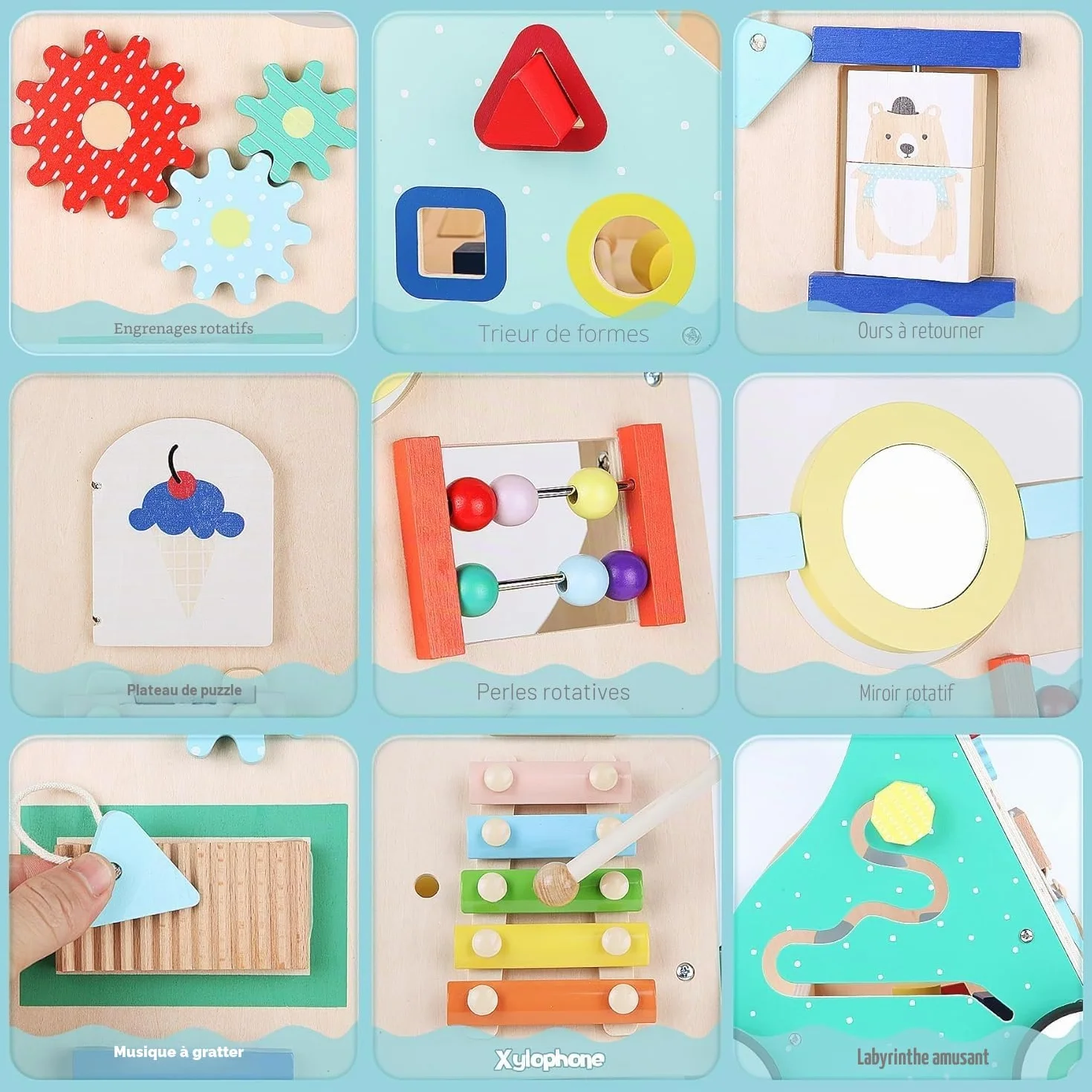 Chariot de Marche en Bois Bébé Trotteur pour Enfant Activité Cadeau Développement Garçons Filles 1-3 ans Multicolore