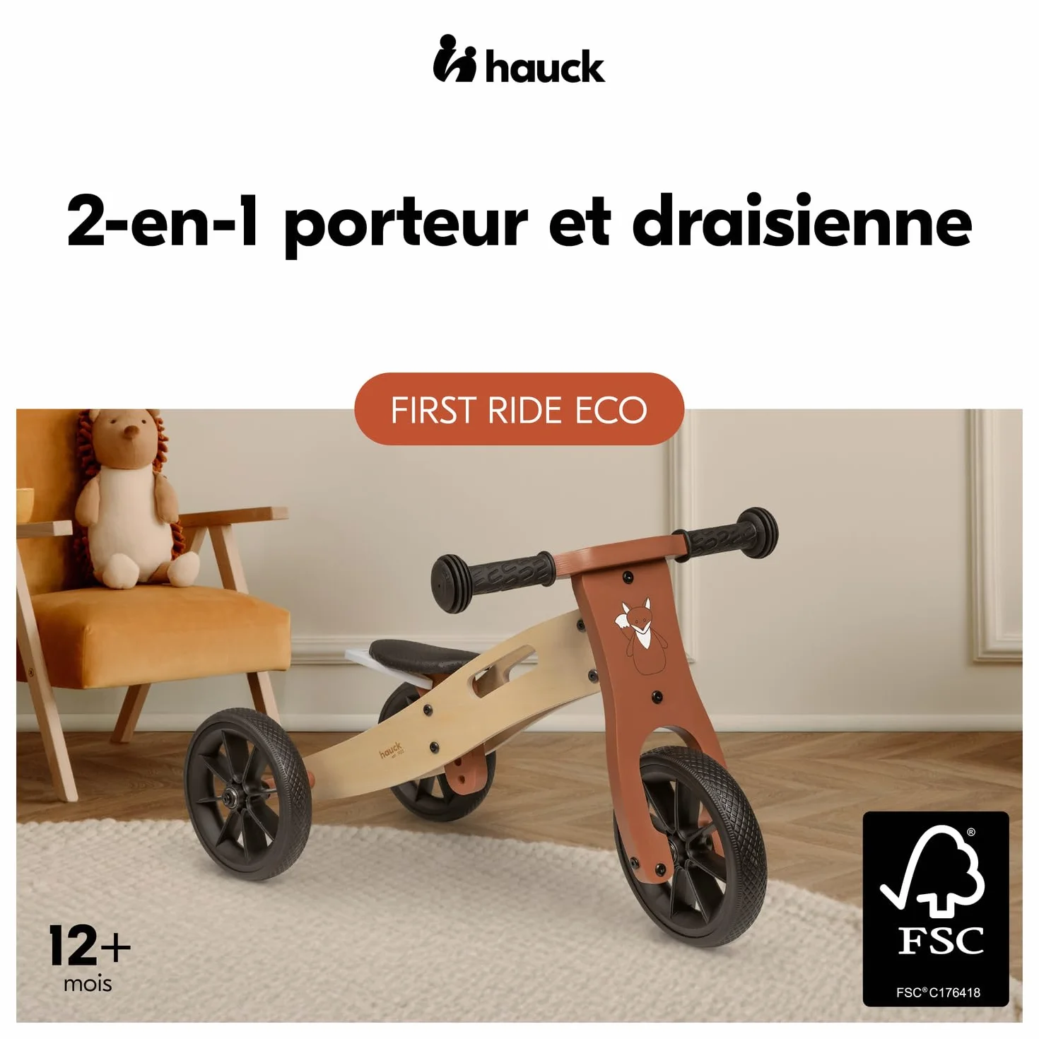 Hauck First Ride Eco 2in1 Tricycle et Draisienne Évolutive Bois 20 kg Roues 7,5"