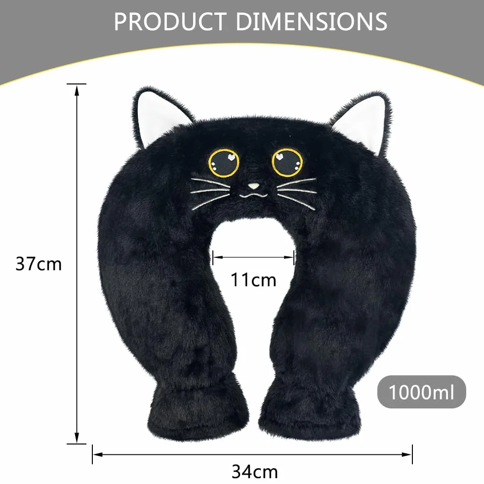 Bouillotte Eau Chaude 1 L avec Housse Douce, Coussin Chauffant Cervical et Épaule Chat Noir