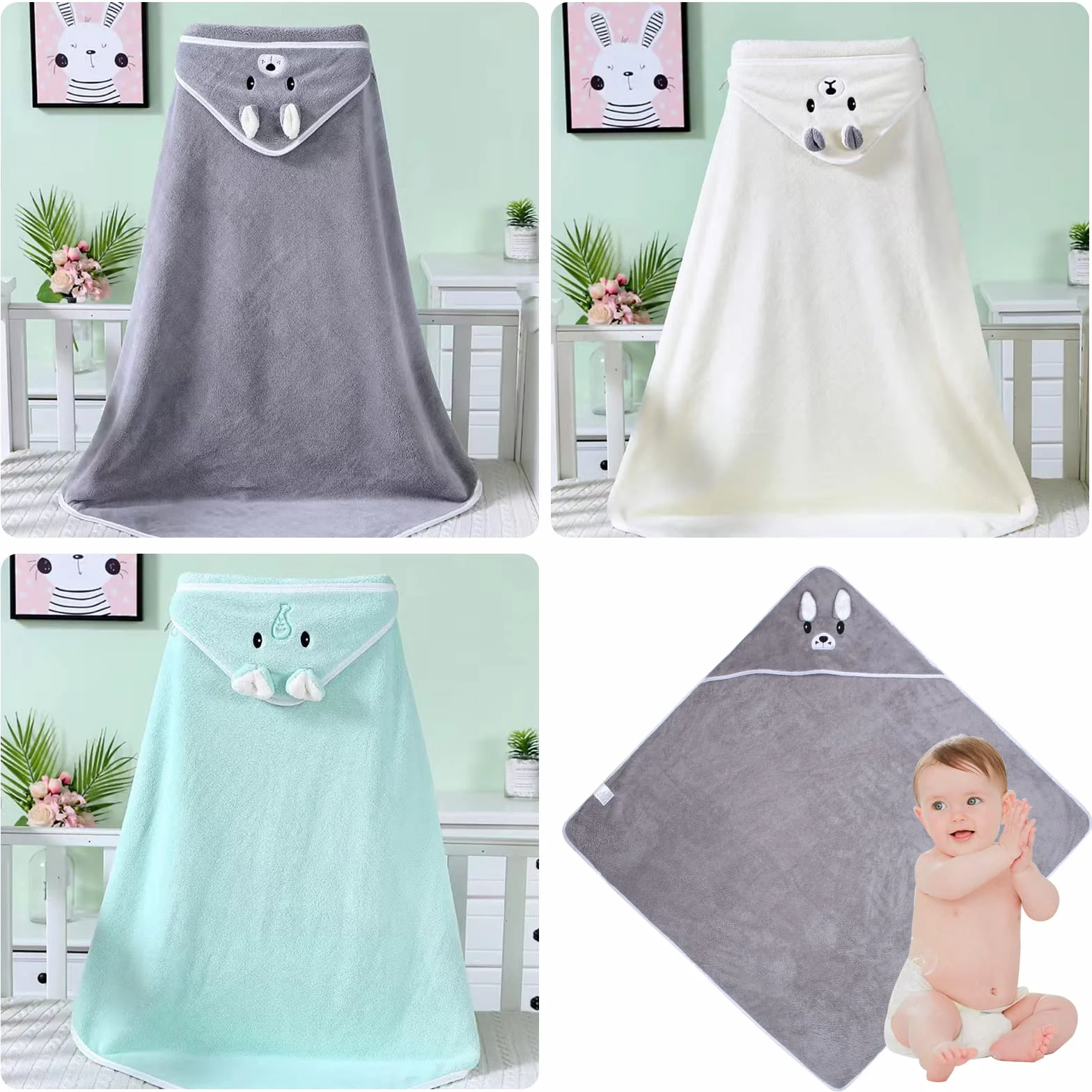 Serviette à Capuche Bébé Lot de 3 80x80cm 0-3 Ans