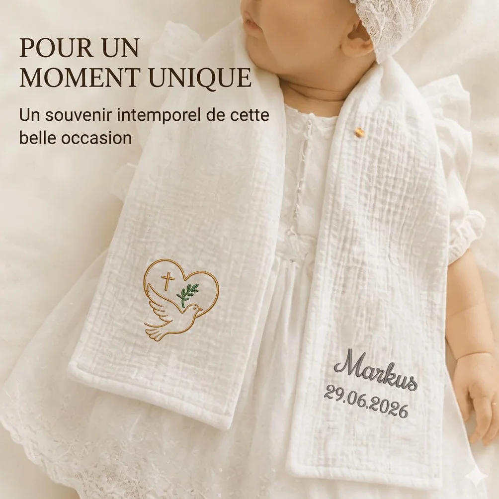 Écharpe de Baptême Personnalisée Bébé avec Broderie Prénom et Date – Double Gaze de Coton – Cadeau Baptême Garçon Fille