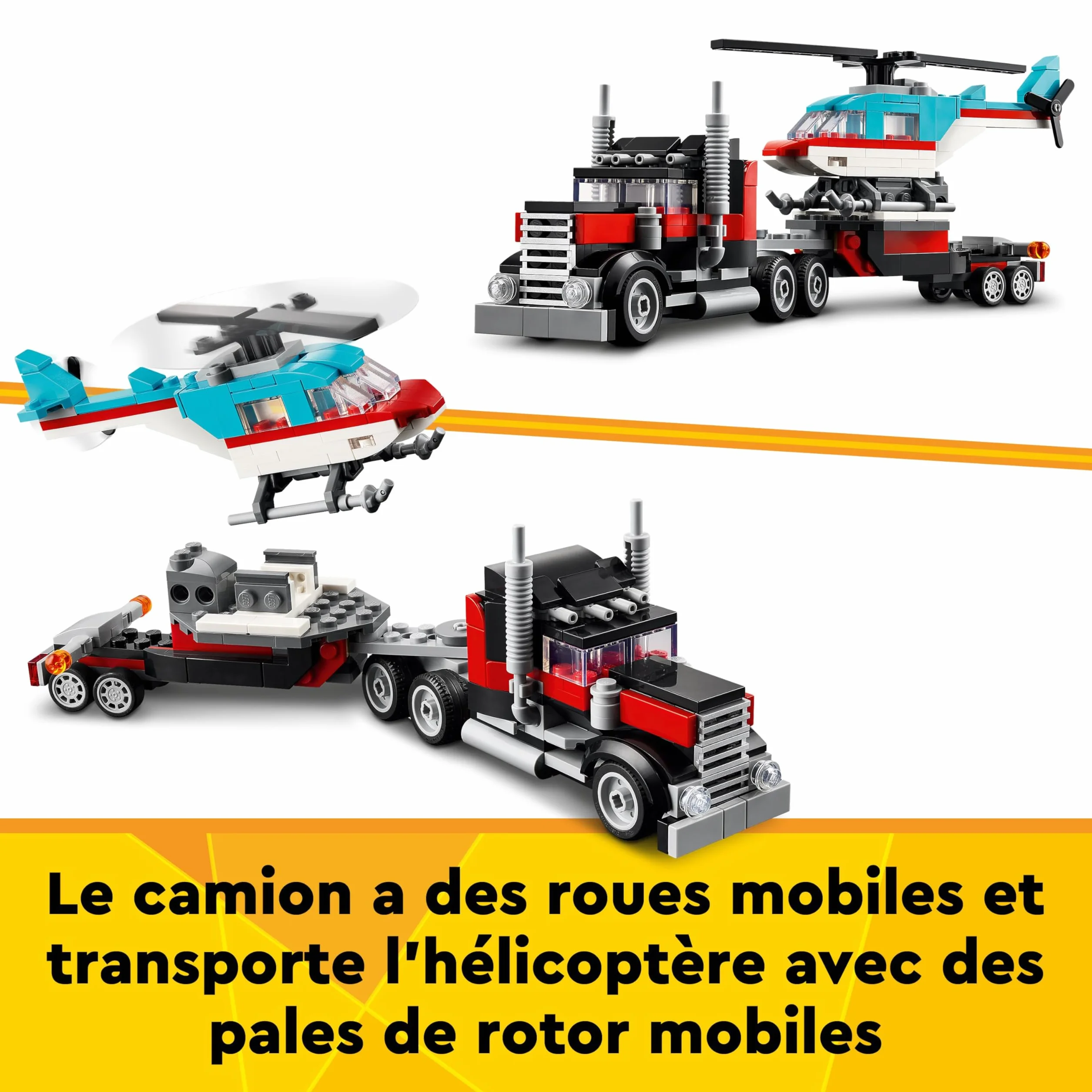 LEGO Creator 3in1 Flatbed Truck with Helicopter Toy to Propeller Plane and Fuel Lorry to Hot Rod and SUV Car Toys 31146 for 7 Plus Year Old Boys Girls