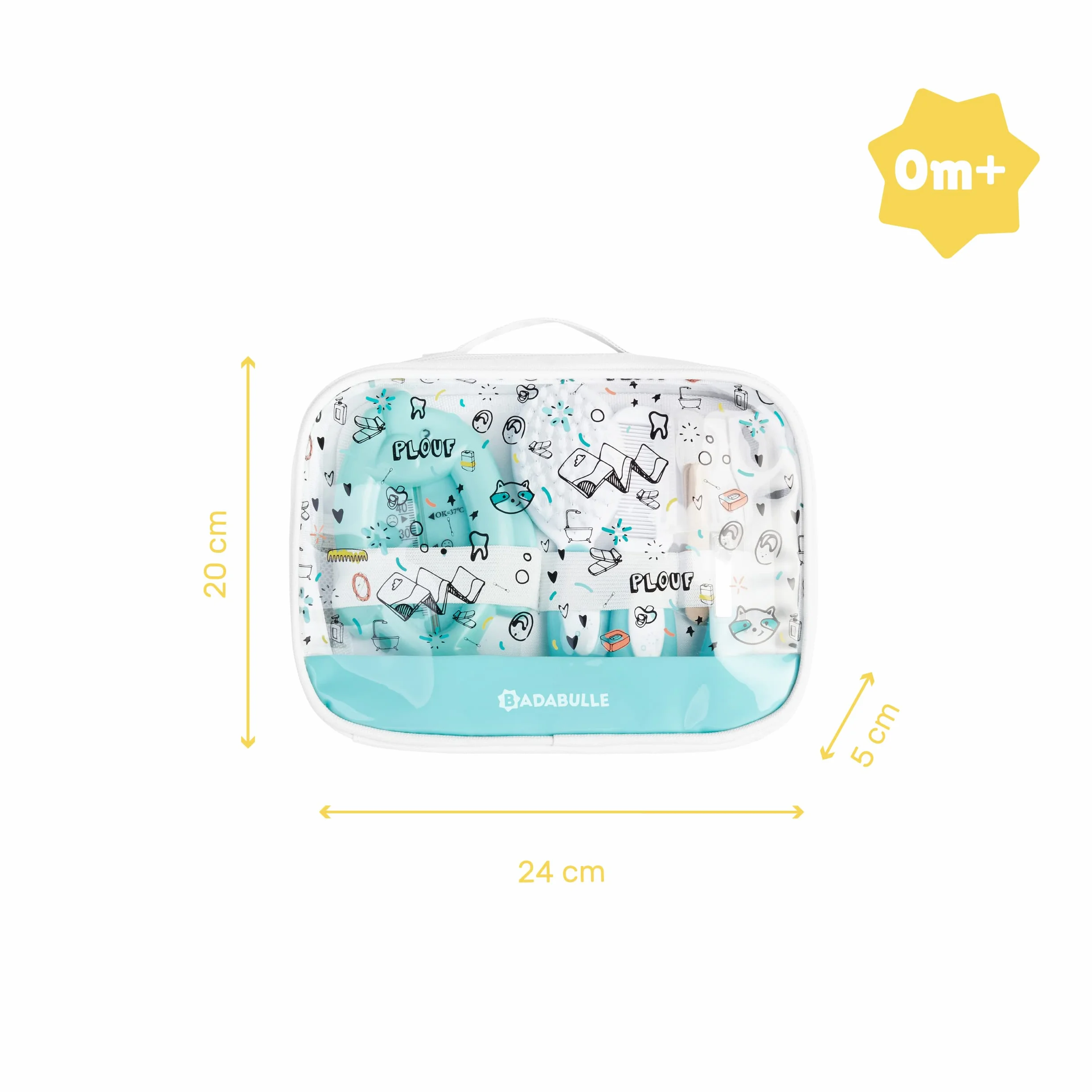 Badabulle Trousse de Soin Bébé Plouf Kit Complet 7 Accessoires Brosse Thermomètre Bain Ciseaux Arrondis