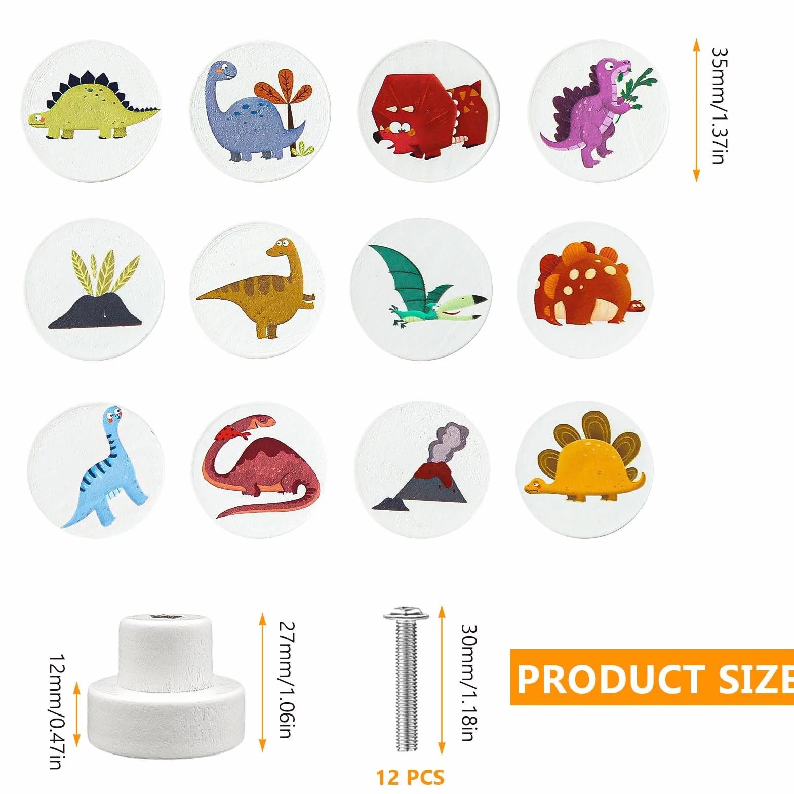 Bouton Tiroir Bois Rond 30 mm Dinosaures Blanc Placards Chambre Enfant 12 Pièces