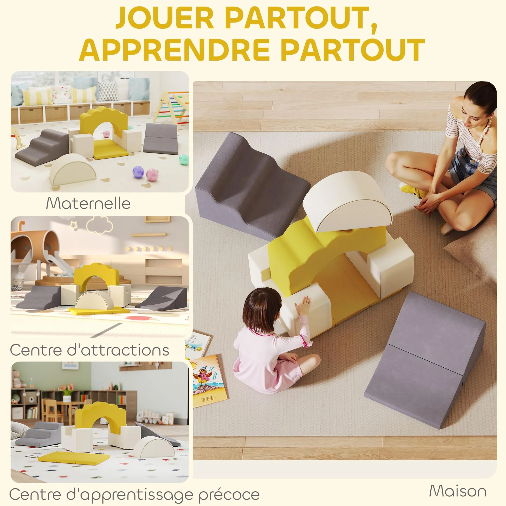 AIYAPLAY Parcours motricité bébé modulable, Blocs Mousse éducatifs 7 pièces, Housse Lavable Velours, Base antidérapante, Jeu intérieur Enfants 6 Mois-3 Ans, Jaune