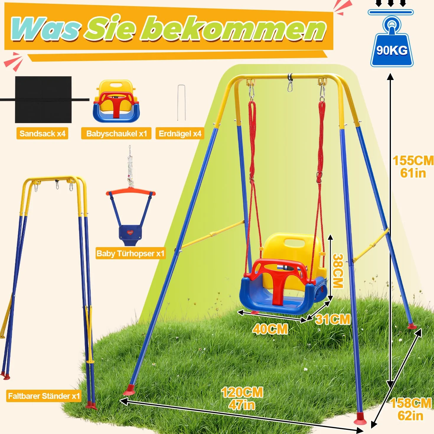 Balançoire bébé 4 en 1 pliable avec armature et ceinture de sécurité