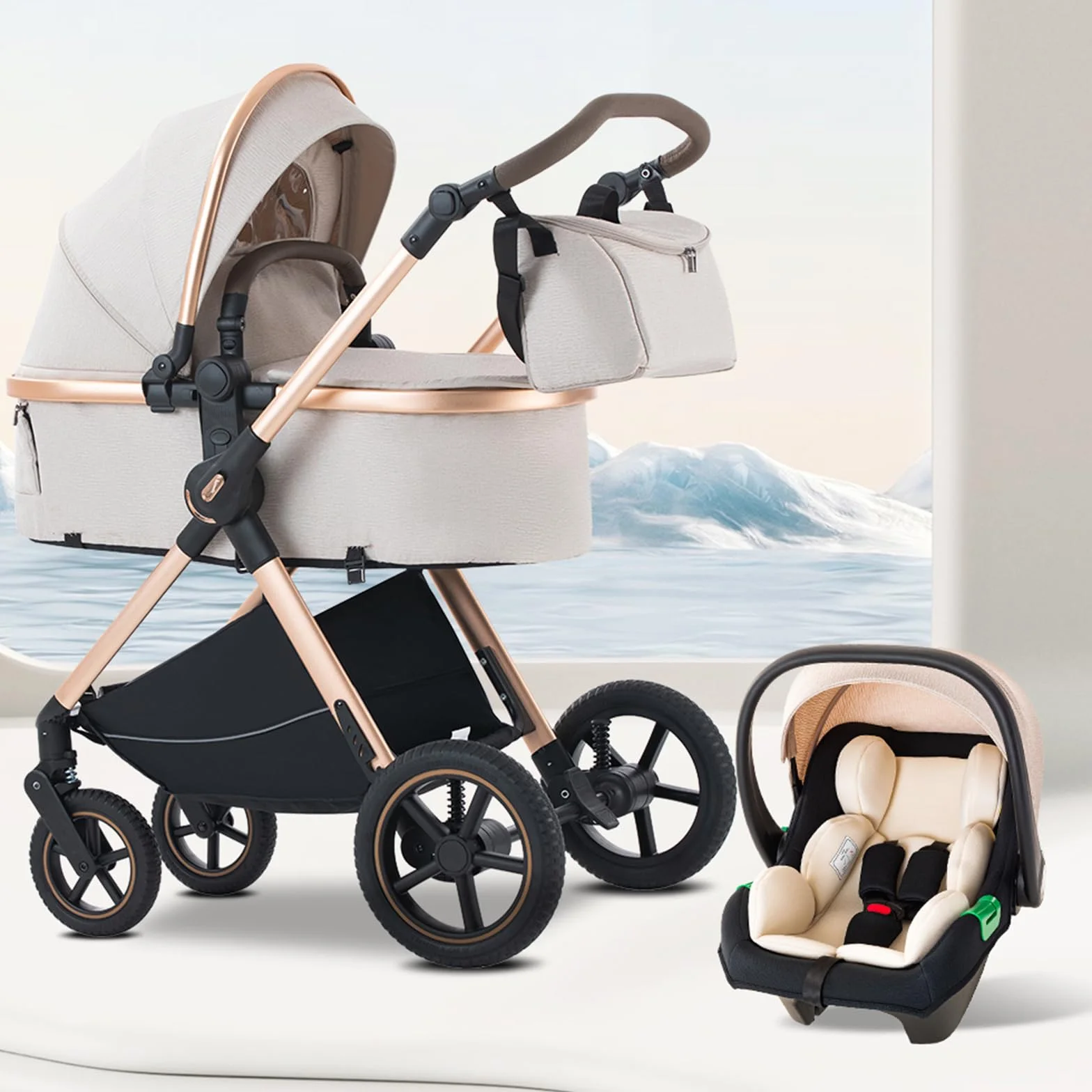Poussette 3 en 1 Citadine Combinée Tricycle Baby Walker Haute Paysage Landau pour 0-36 mois Pliante Trolley Bébé D2-LIGHT BROWN