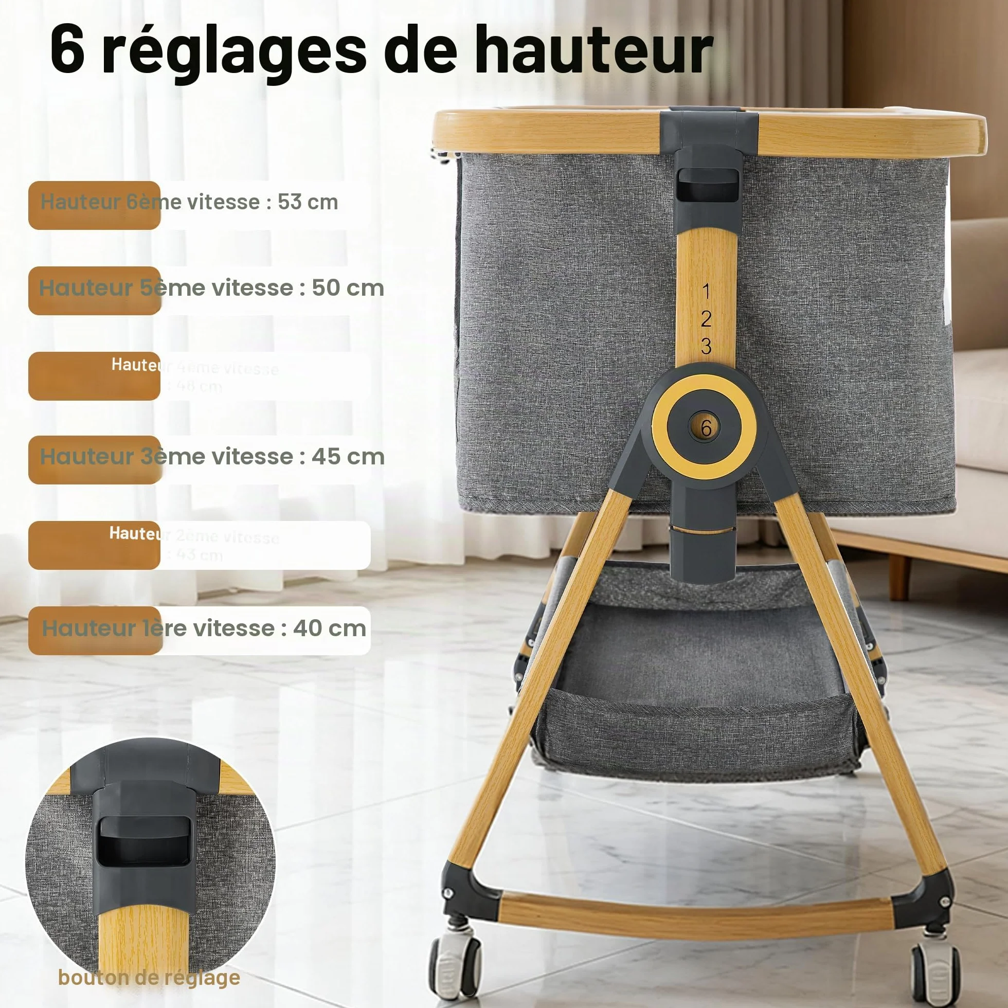 YAZOCO Berceau Bébé 3 en 1 Lit Cododo avec Matelas, Hauteur Réglable 6 Niveaux, Inclinaison 5° Scientifique, Panier Rangement Gris