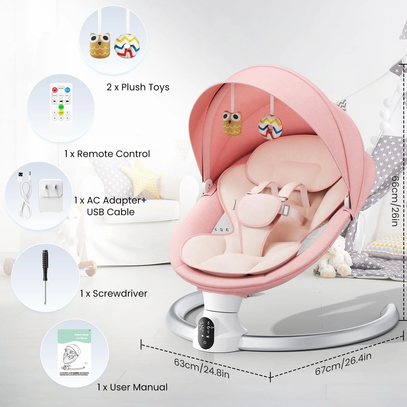 Transat Bébé Électrique avec APP & Télécommande, 3 Minuteries, 5 Vitesses, 10 Musiques, Bluetooth