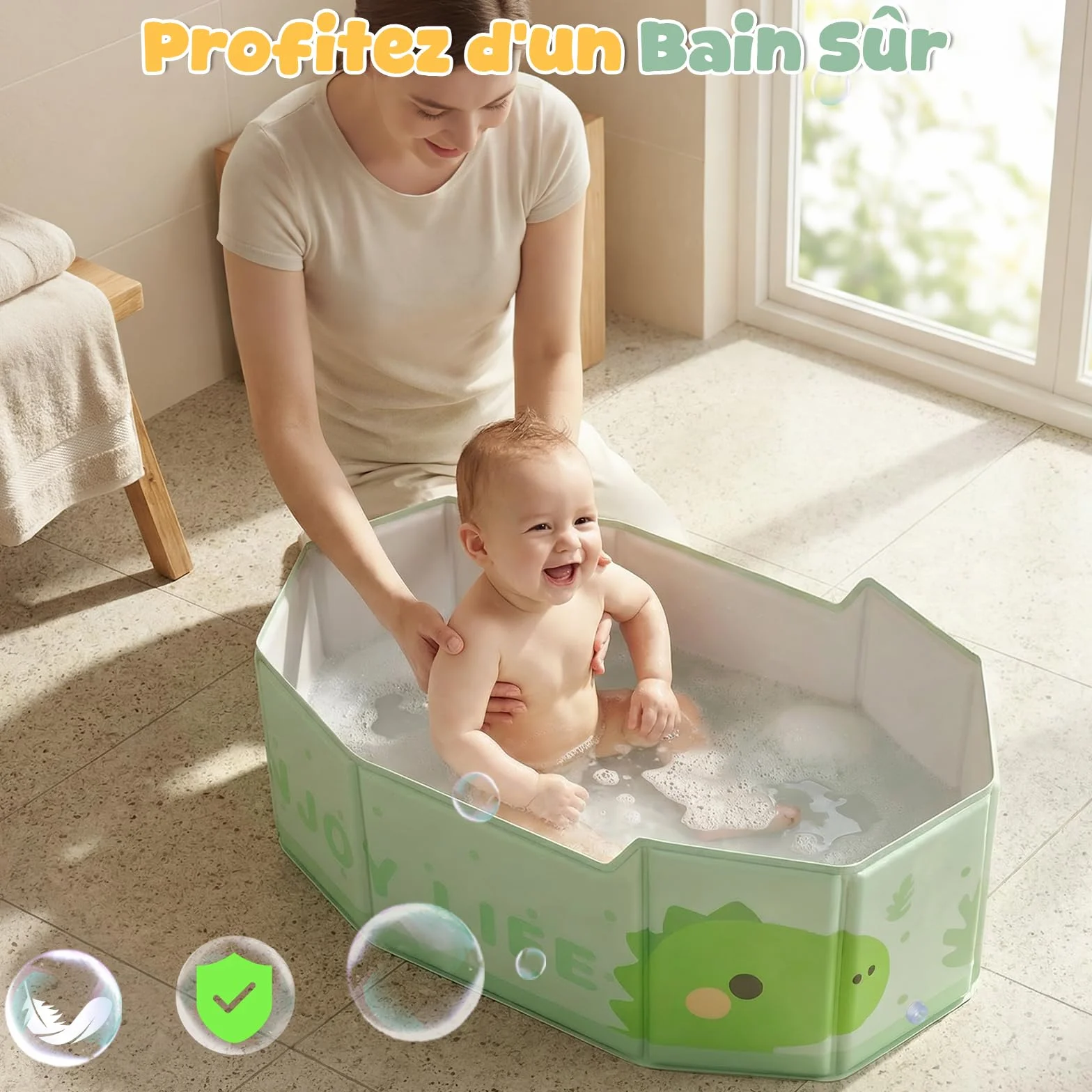 Orzbow Baignoire Pliable Bébé, Grande Baignoire avec Base Antidérapante, Vert, 6 Mois à 6 Ans