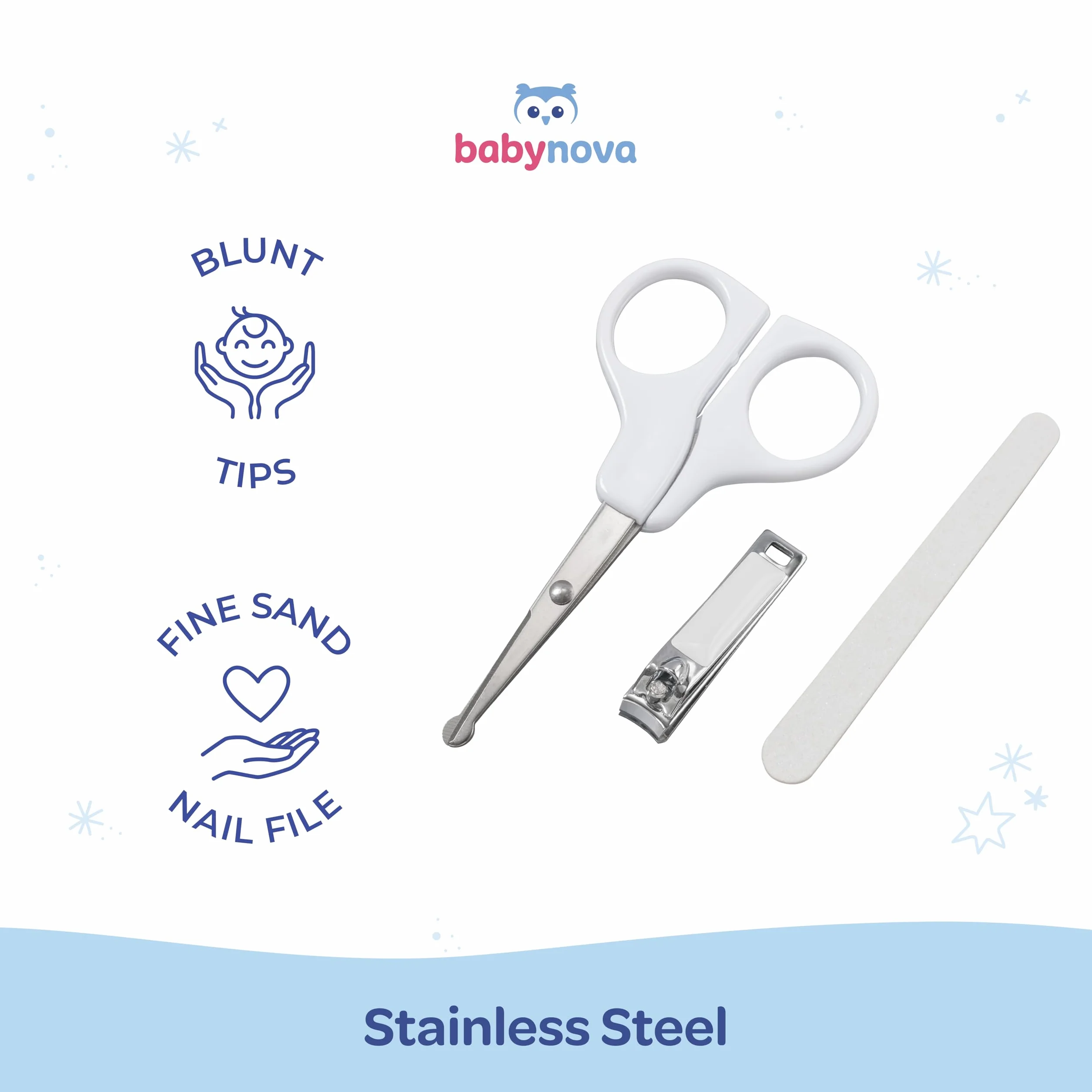 Babynova Set Manucure Bébés – Kit Soin Ongles Sûr avec Ciseaux Pointe Arrondie, Coupe-Ongles & Lime – Boîte Rangement Voyage Usage Quotidien Sans BPA