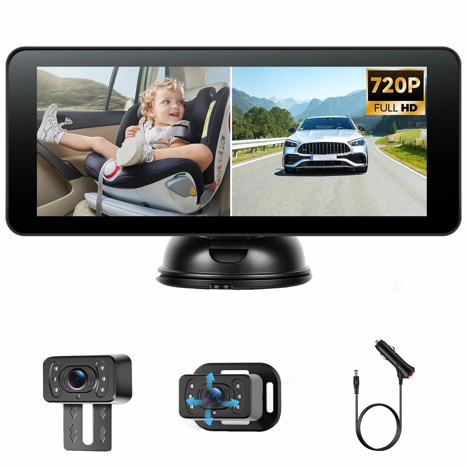VECHTEL Moniteur Auto 6,86" IPS Double Caméra 720P Rotative 360° IP69 Étanche Vision Nocturne Grand Angle 12V