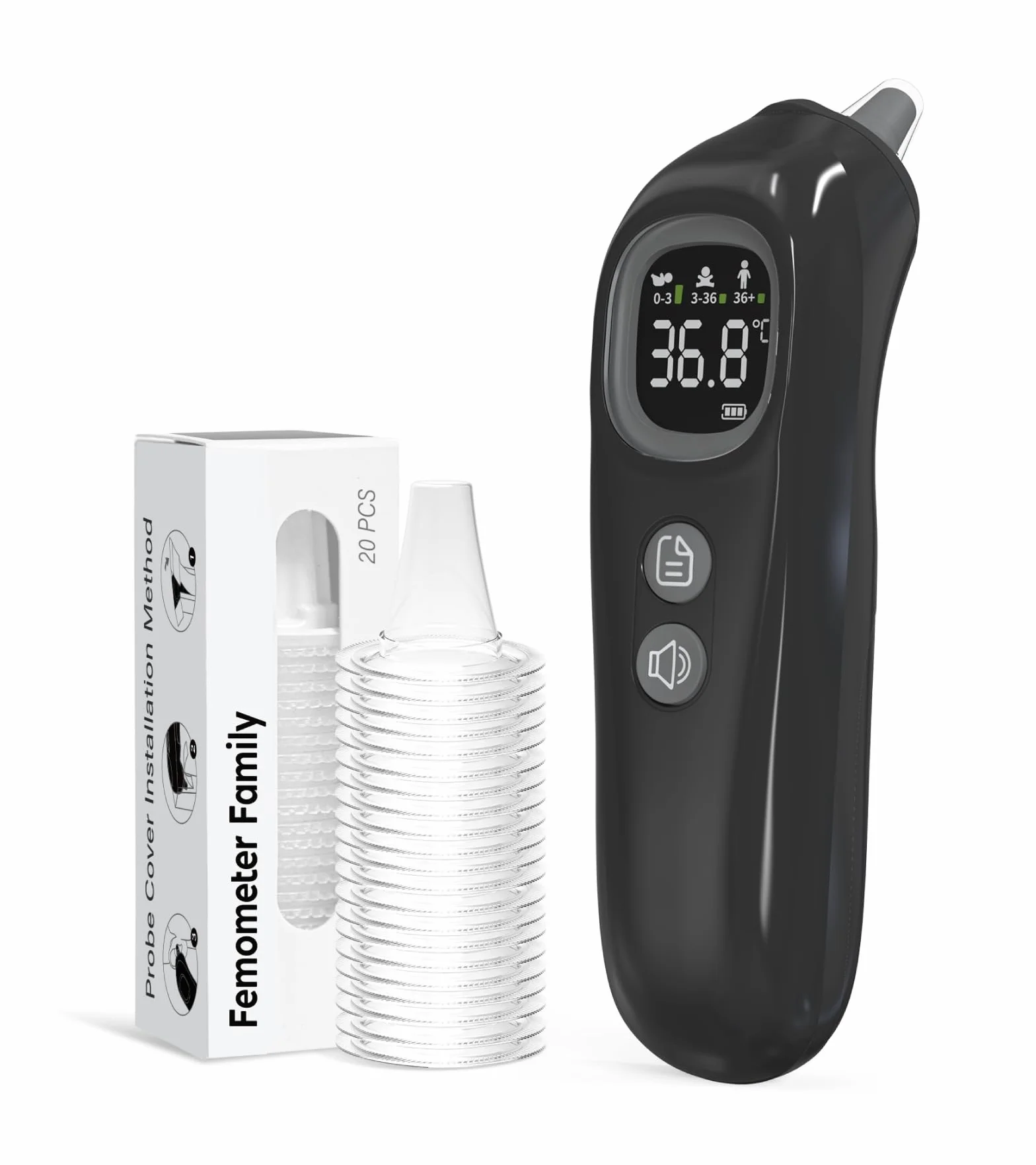 Thermomètre Auriculaire Haute Précision 1 Seconde Guidage Intelligent par Âge Mode Silencieux Numérique Enfants Adultes 20 Embouts