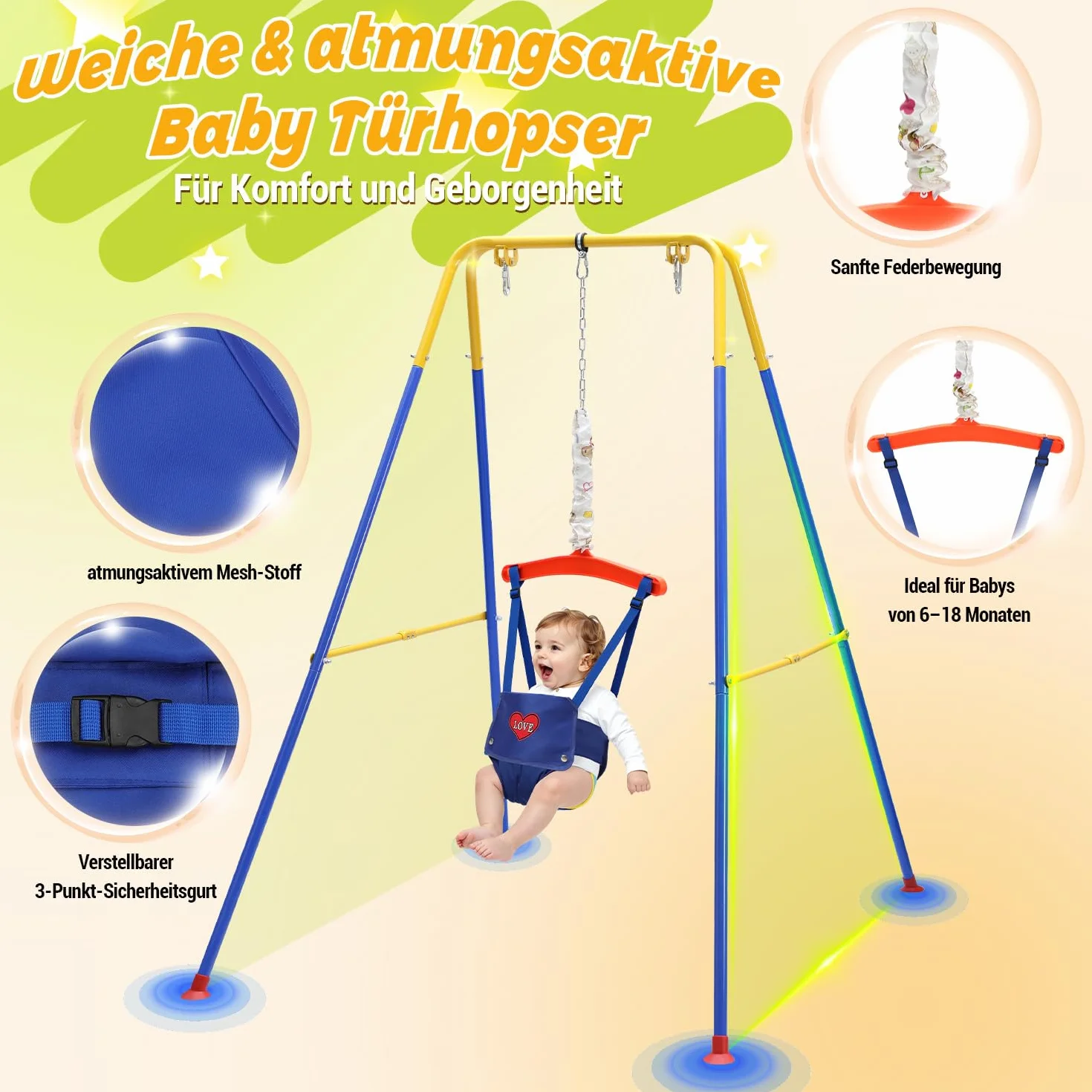 Balançoire bébé 4 en 1 pliable avec armature et ceinture de sécurité