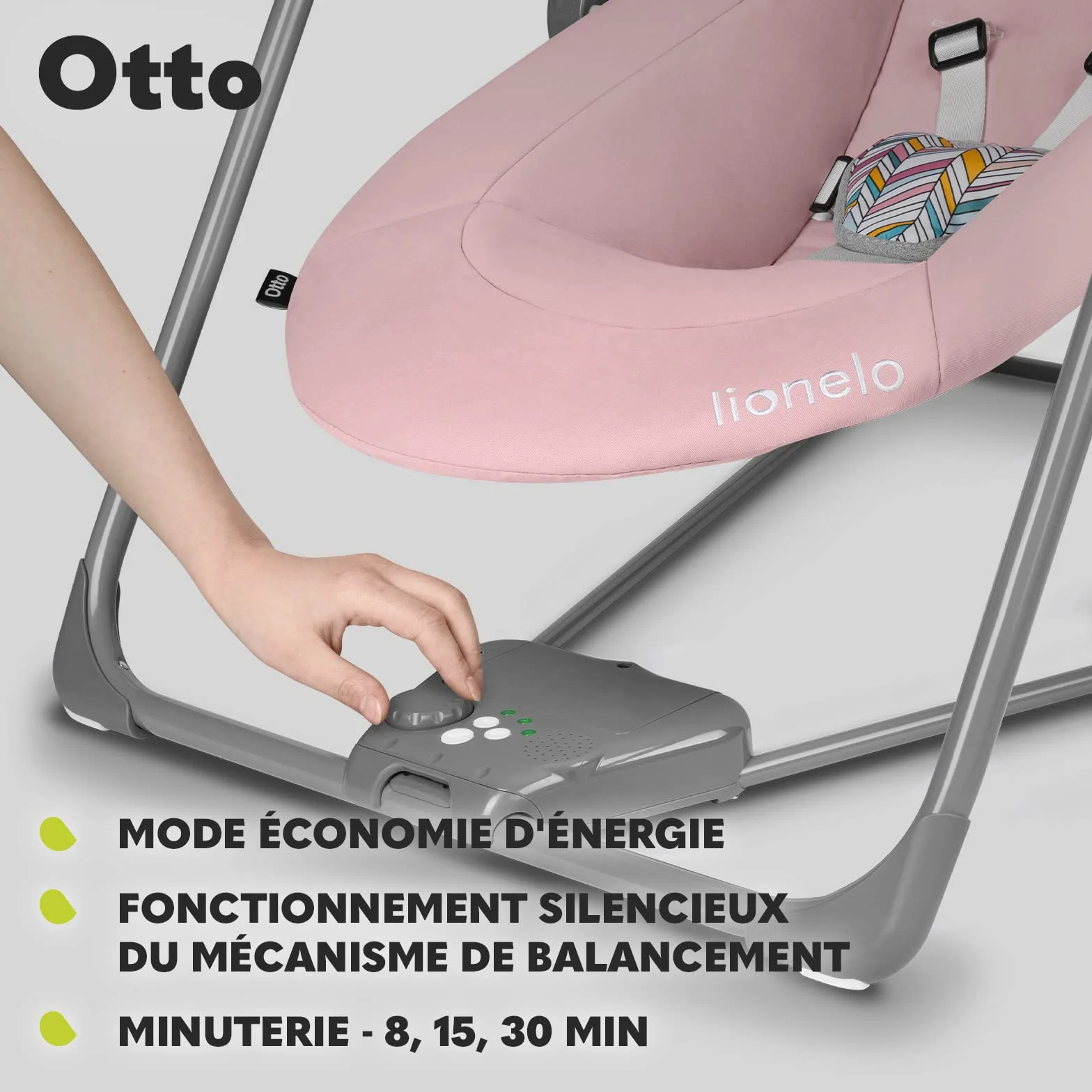 LIONELO Otto Transat Bebe Balancelle jusqu'à 9 kg, Jouets Interactifs, Sons de la Nature, 5 Vitesses de Bercement