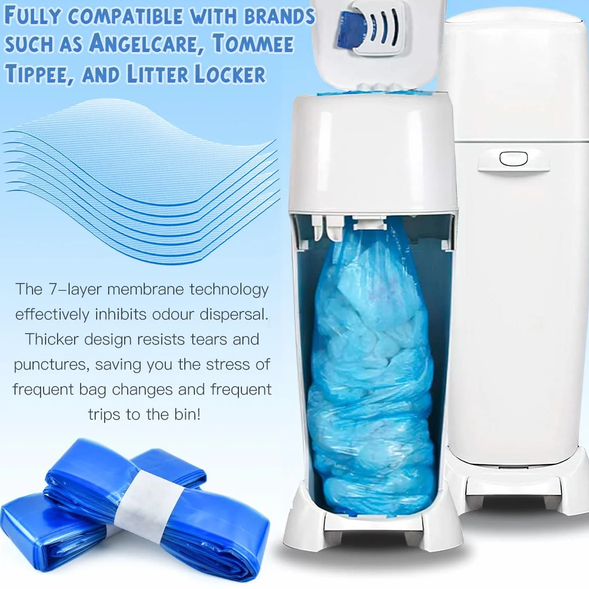 Recharge Poubelle à Couche 18 Pièces 4.5M Anti Odeur Résistant à la Déchirure pour Angelcare Tommee Tippee Litter Locker Bleu