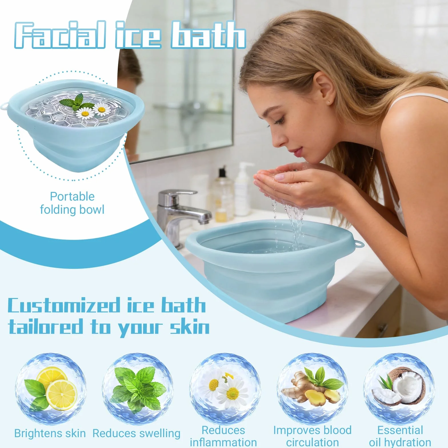 Bol de Bain à Glace en Silicone, Ice Bath Bowl, Voyage et Domicile, Sans BPA, Bleu
