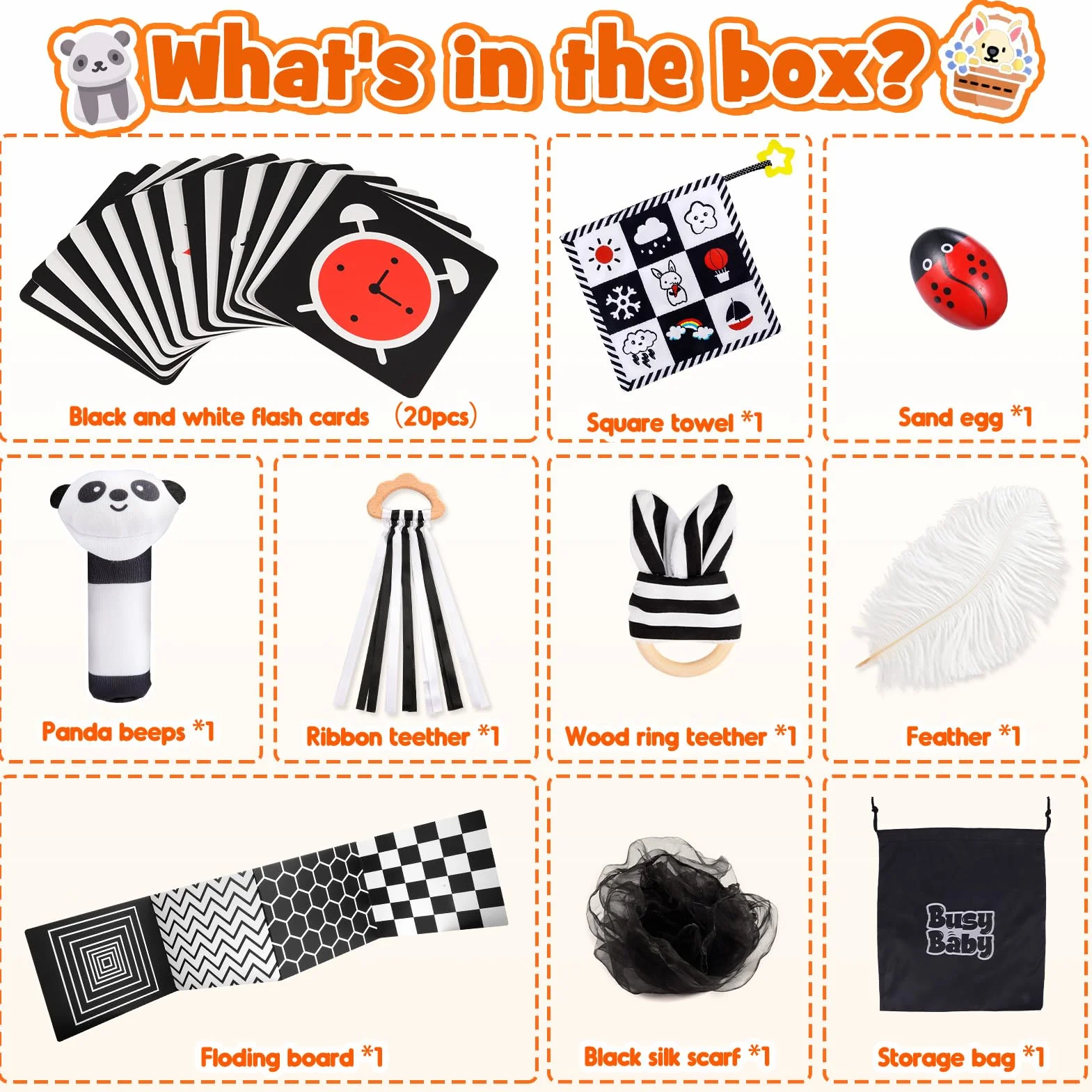 HappyKidsClub Livre Carte Montessori Sensoriel Tissu Noir Blanc Bebe 0-12 Mois Jouets d'éveil