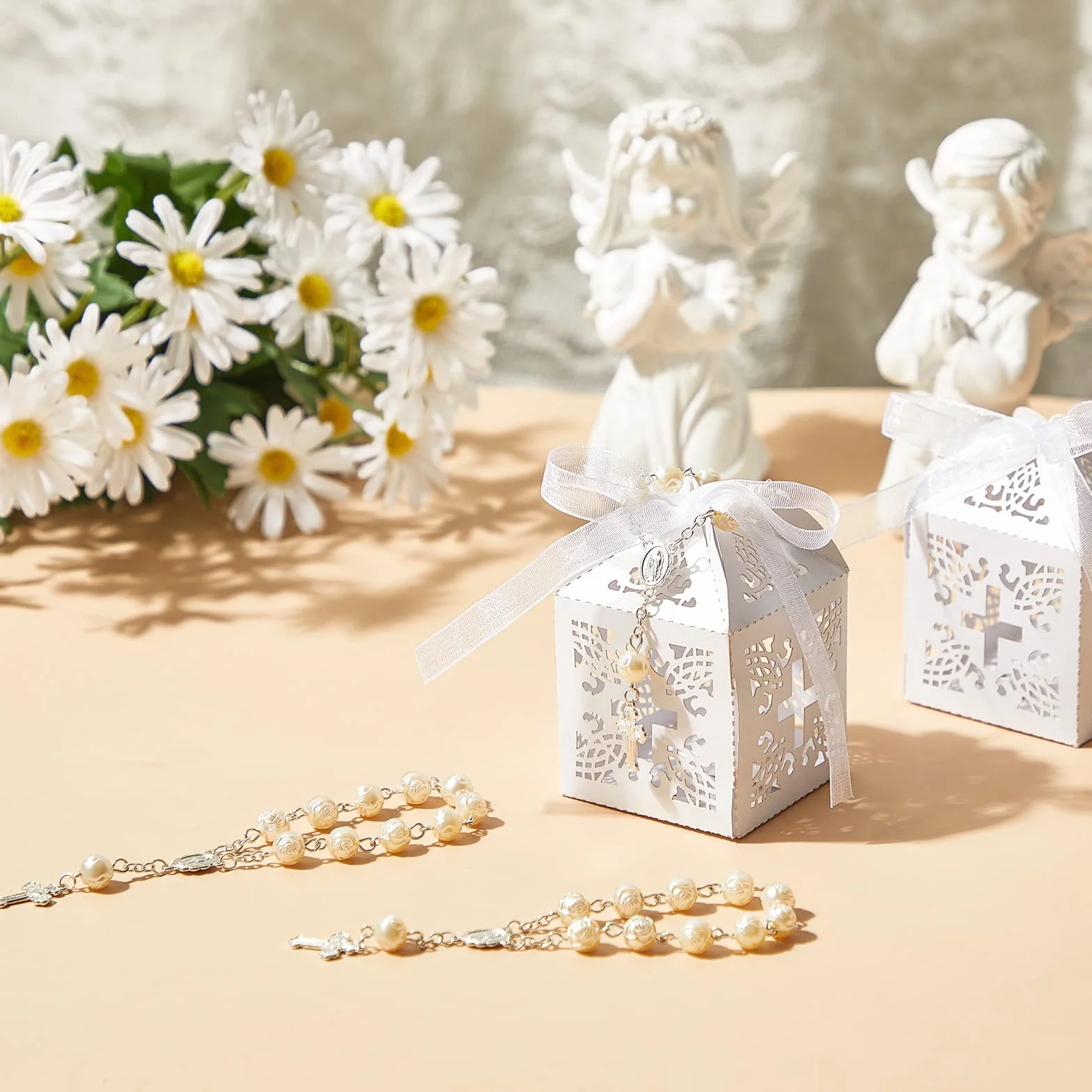50 Paquets 150 Pièces Cadeau Bapteme Communion Mariage 50 Mini Chapelet Catholique Sacs Organza Boîte Dragées
