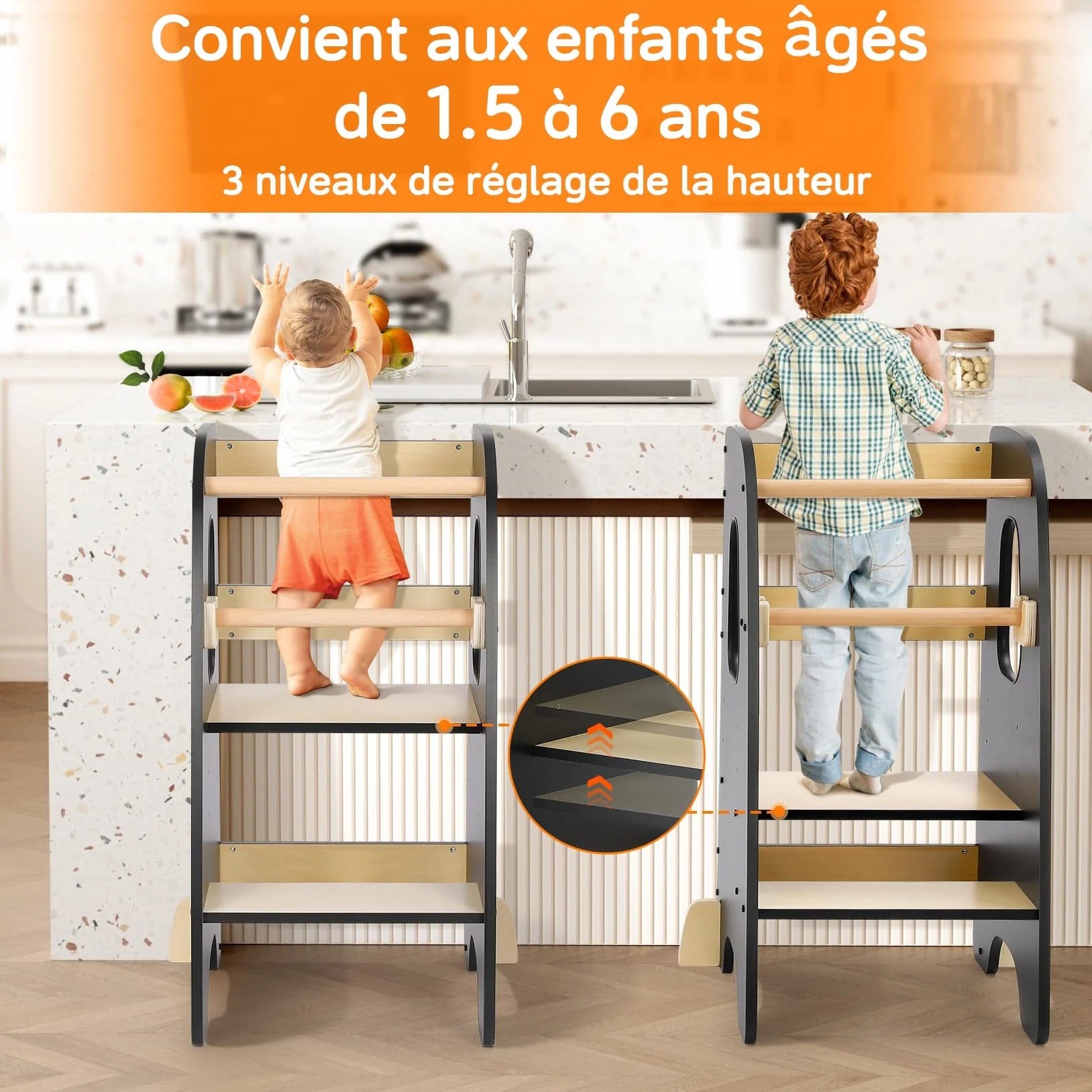 Tour d'apprentissage Montessori pour Enfants en Bois Noir 3 Hauteurs Réglables