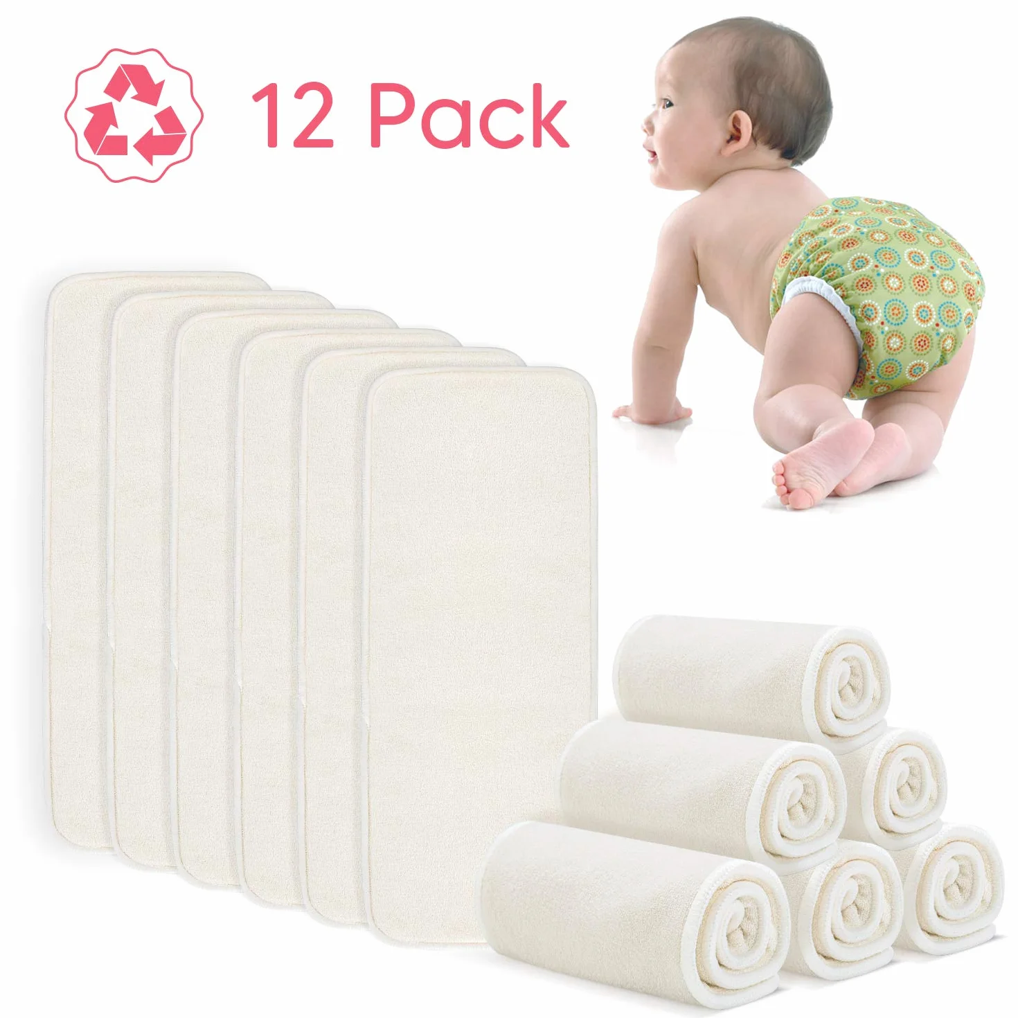Inserts de Couches Réutilisables Fibre de Bambou Pack de 12 avec Sac Lavable Compatible Couches tout-en-un ou à Poche
