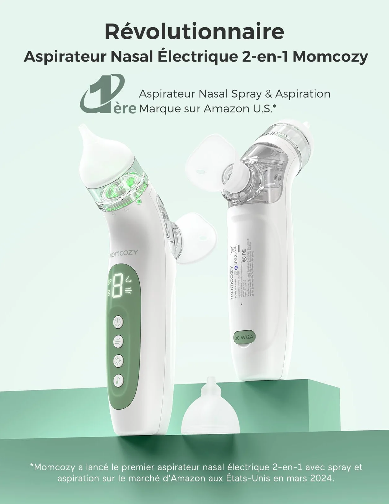Momcozy BN007 mouche bébé électrique 2-en-1 65 kPa aspiration 4 niveaux réglables silencieux portable lumière musique apaisante