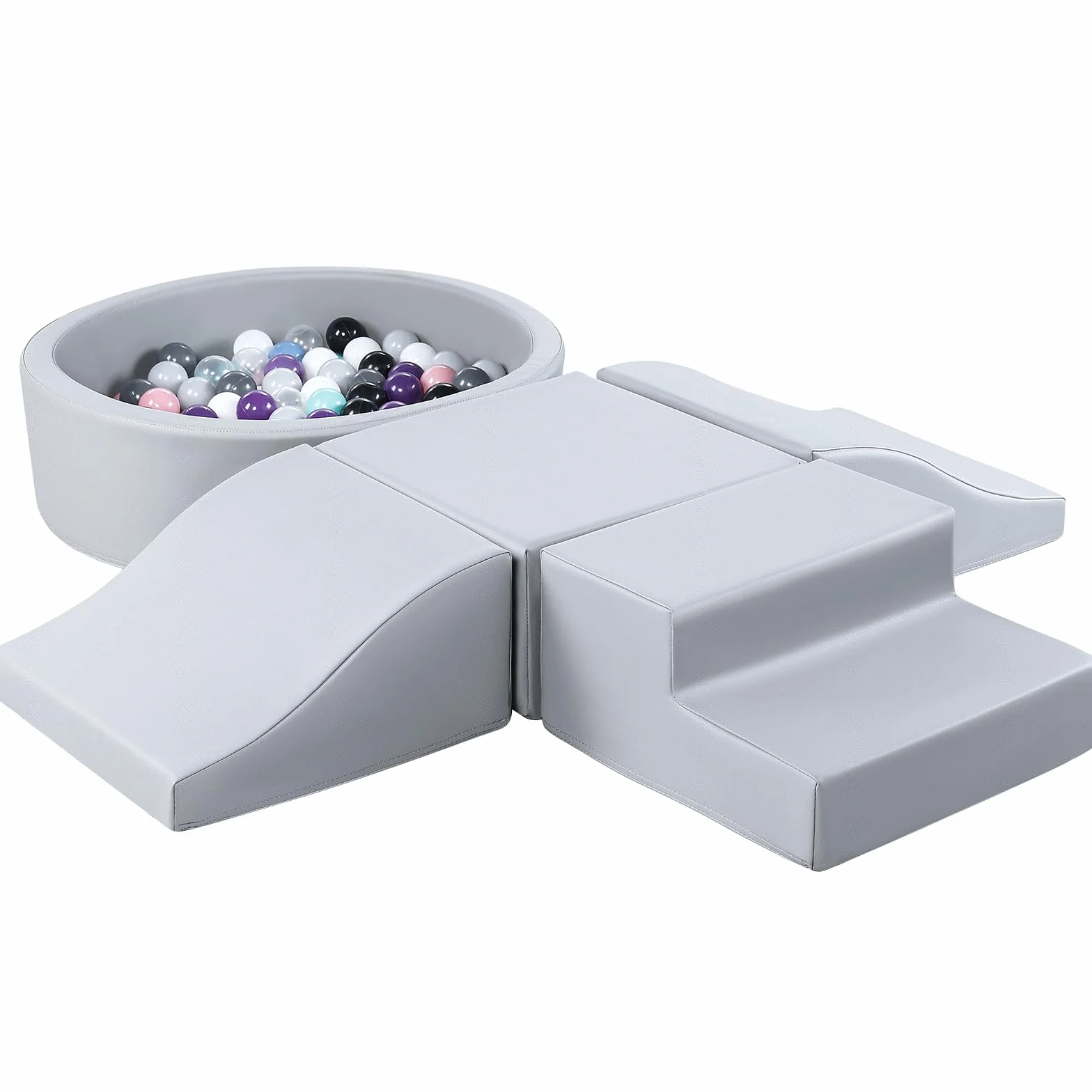 Lot de 5 jouets d'intérieur en cuir synthétique pour bébé avec piscine à balles - Jeu de blocs de construction en mousse - Jouet d'escalade et de ramper