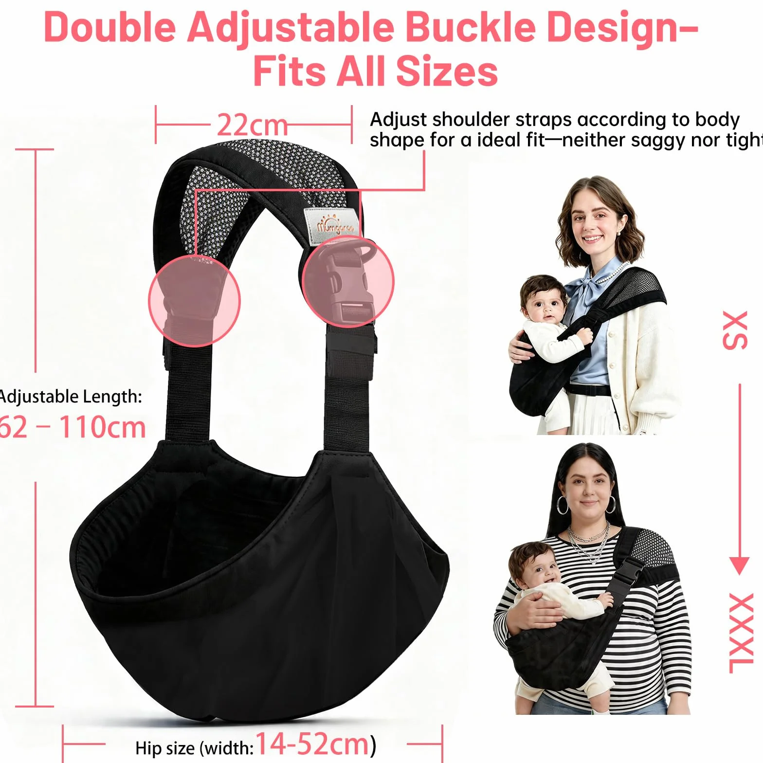 Écharpe de Portage Porte Bébé Coton Naissance 15 kg Respirant 0-36 Mois Noir