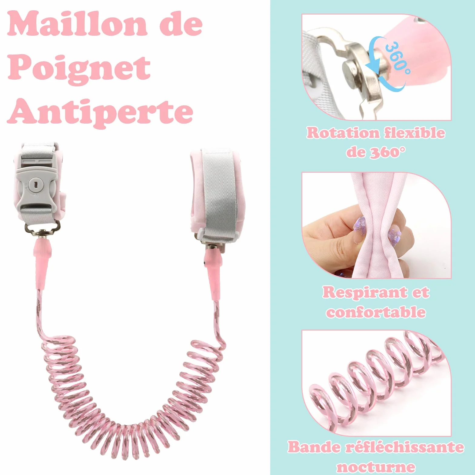 Laisse Enfant Anti-Perte 2,5m Harnais Rotation 360° Serrure à Clé Bracelet Sécurité Réfléchissant Silicone Rose Vert