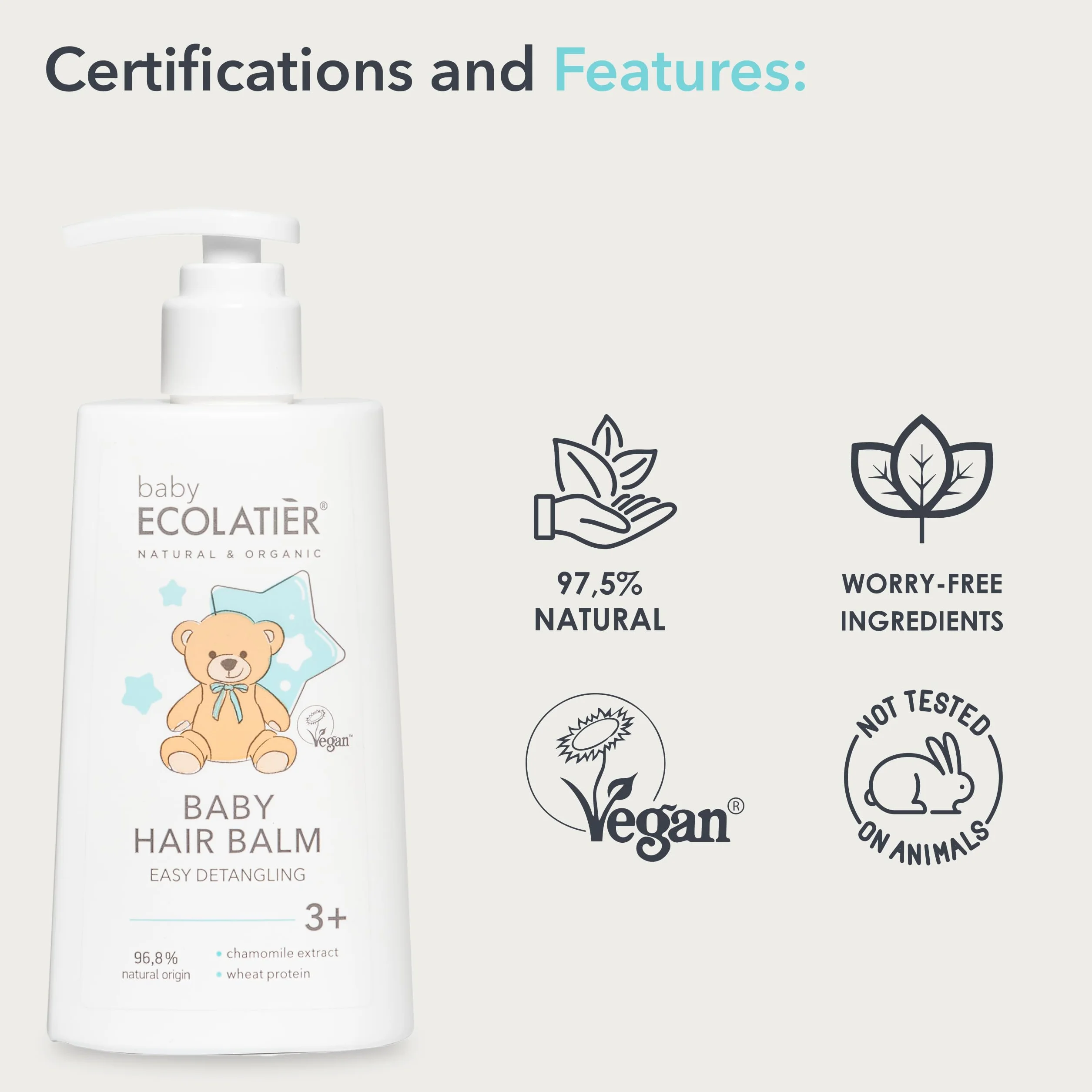 ECOLATIER Baume nourrissant pour cheveux bébé 250 ml camomille protéines de blé 96,8% naturel végétalien