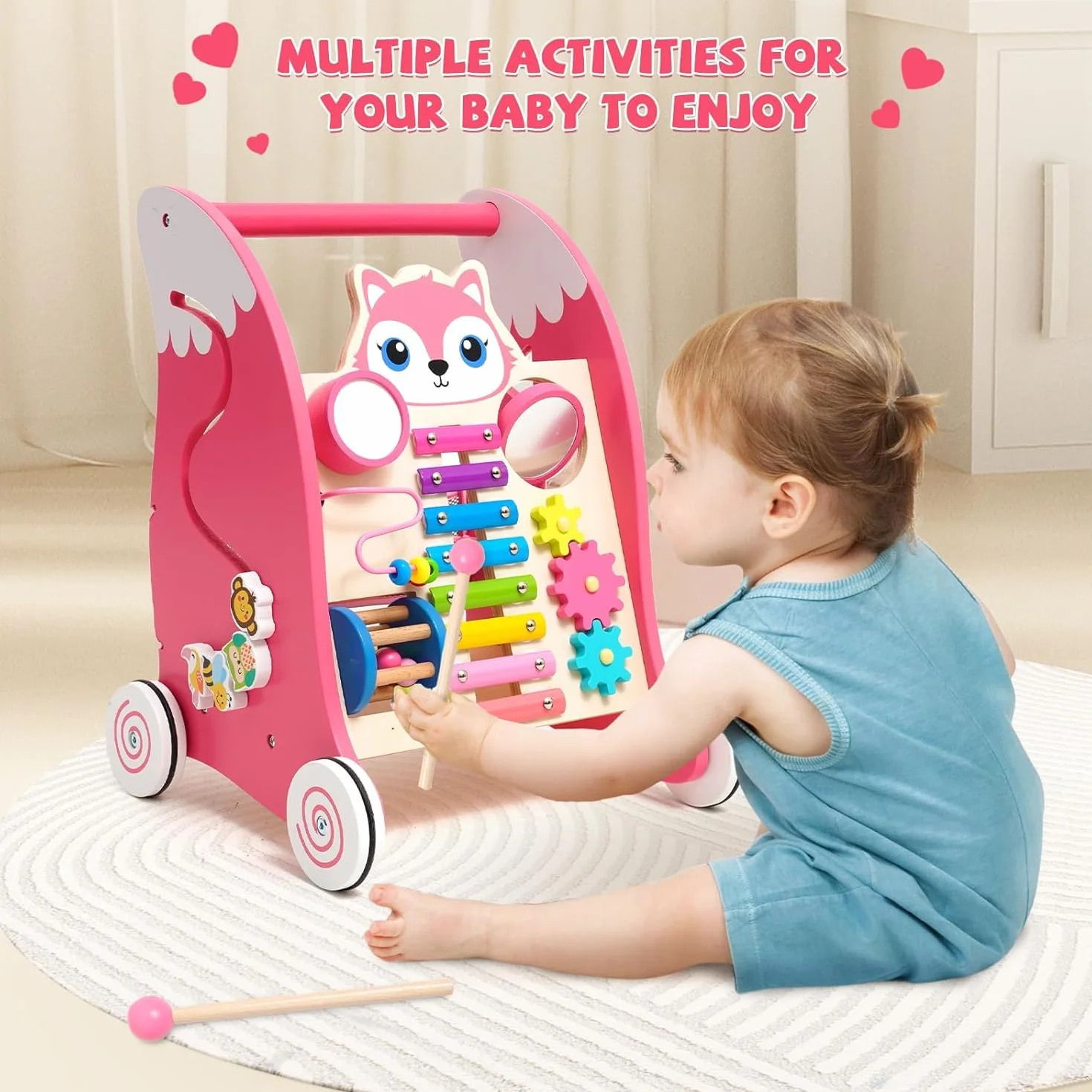 Chariot de Marche Bébé avec Xylophone, Instruments de Musique et Jeu d'Association de Formes, Trotteur Bébé Fille, Jouet Montessori Centre d'Activités Multifonctionnel pour Bébés de 6 Mois et Plus, Rose