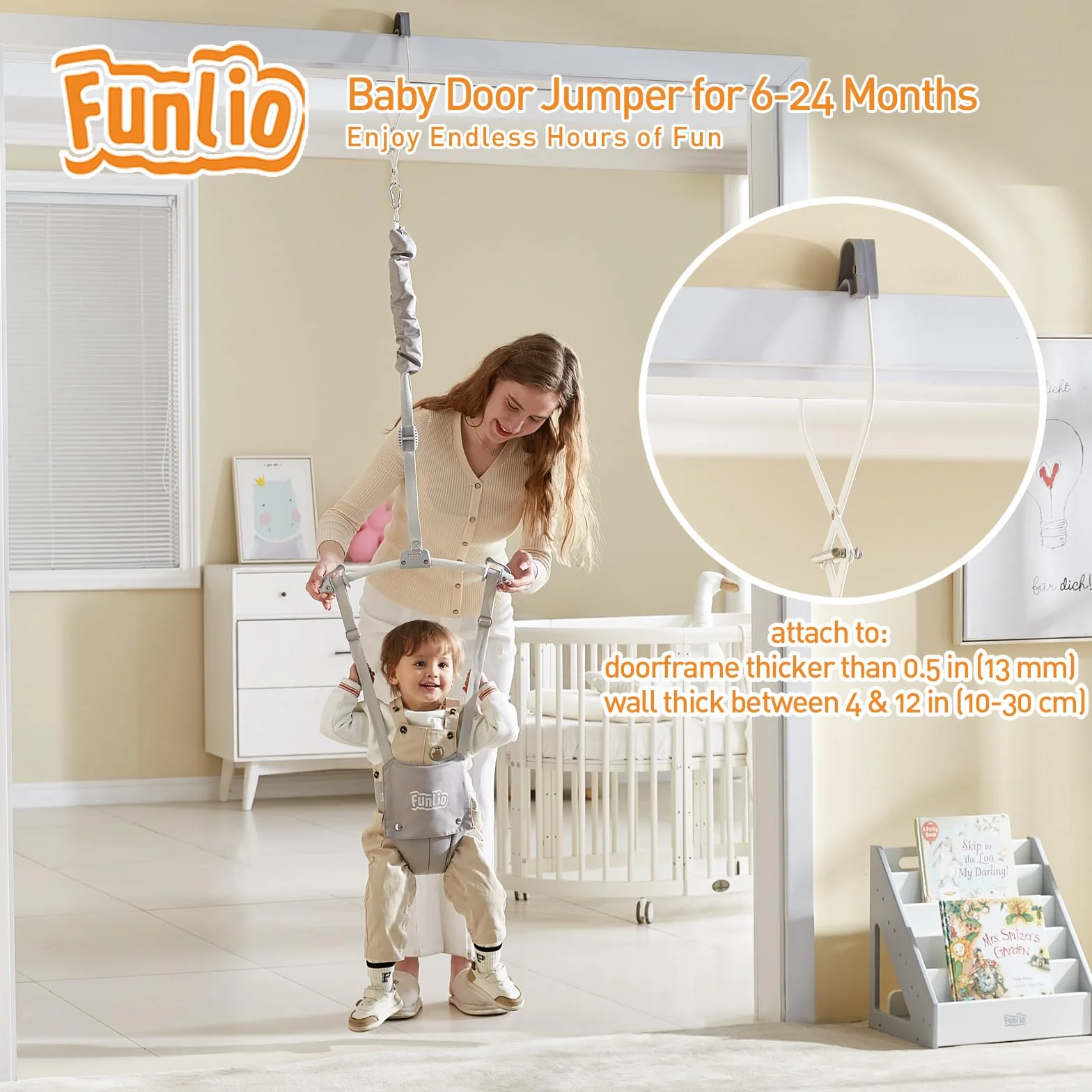 FUNLIO Transat de porte bébé 6-24 mois avec pince, ressort solide, sangle réglable, 18 kg, CE CPC - Gris