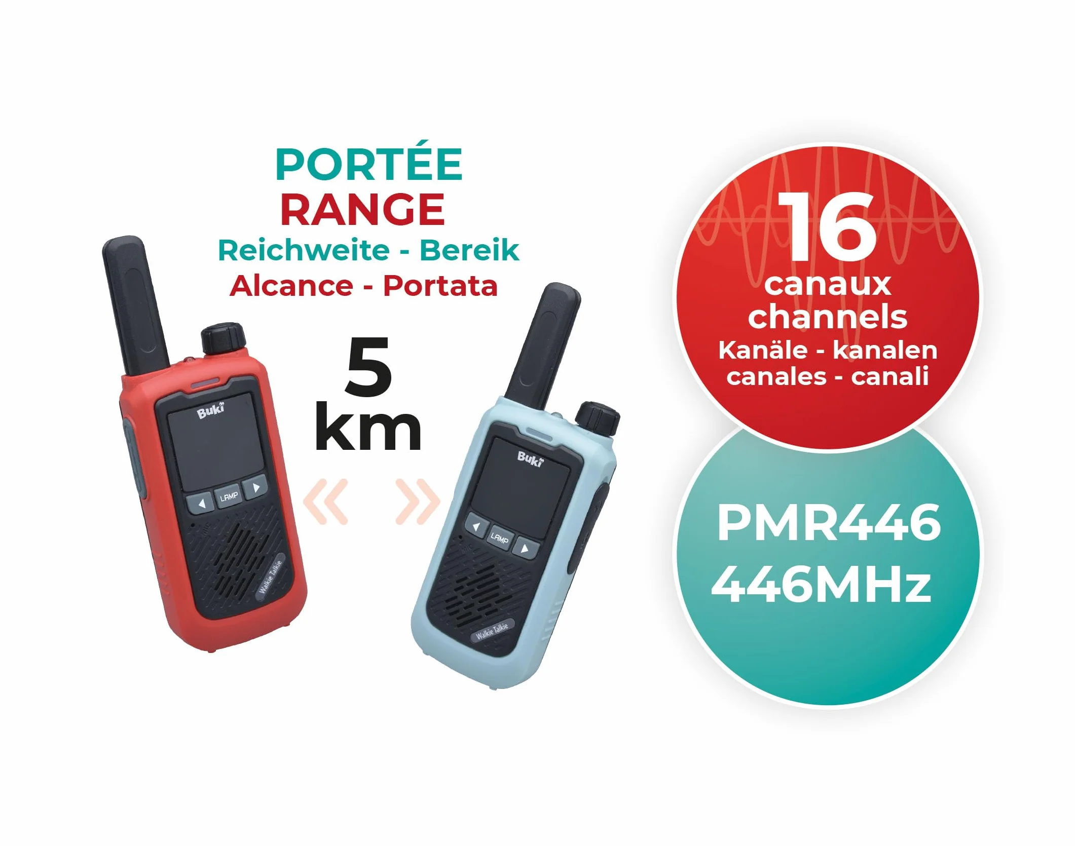 BUKI France Talkie-Walkie Rechargeable Longue Portée 5 km Lot de 2 16 Canaux Batteries Lithium