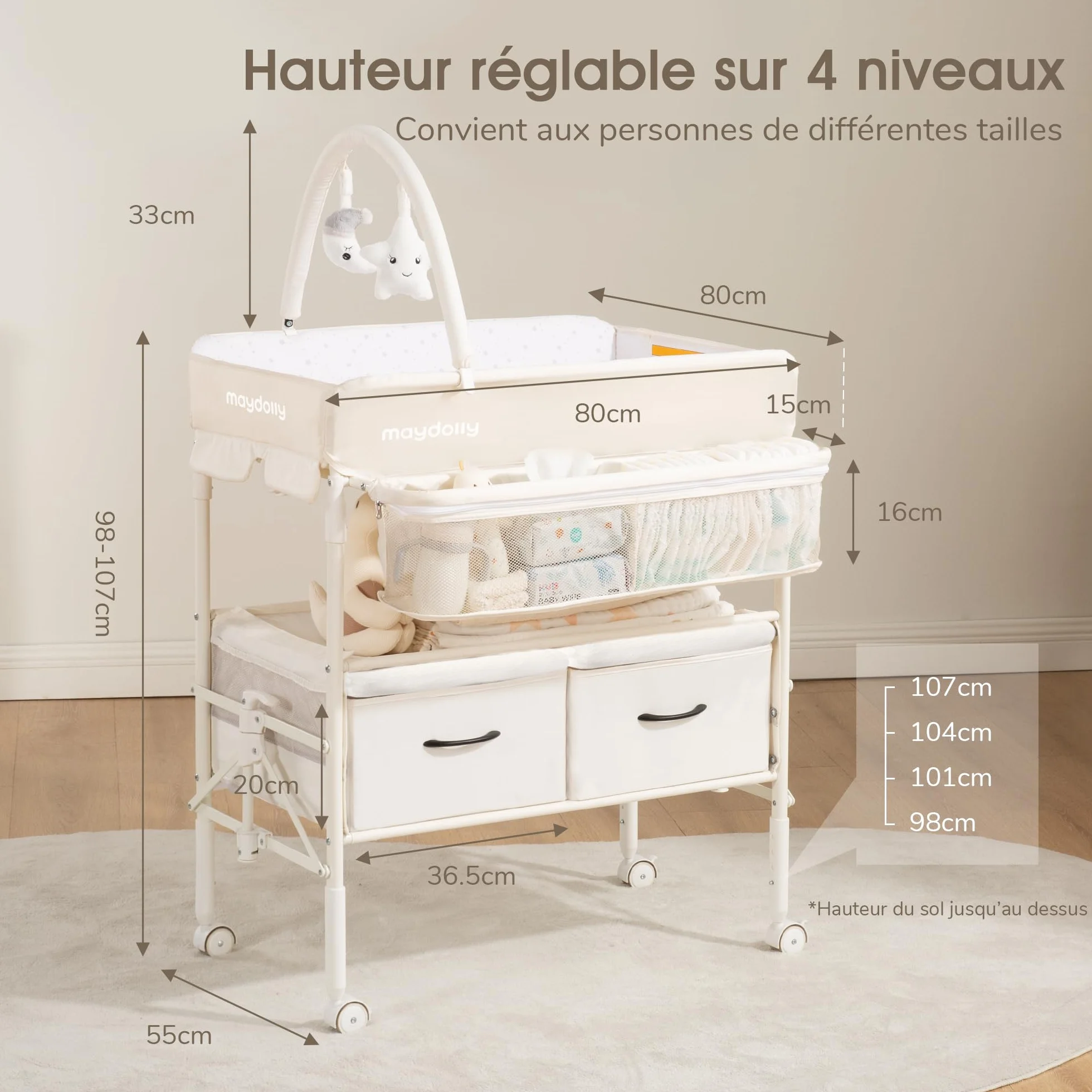 Maydolly Table à Langer Bébé Pliante Roulettes Hauteur Réglable Plan Mobile Matelas Imperméable Rangement Beige