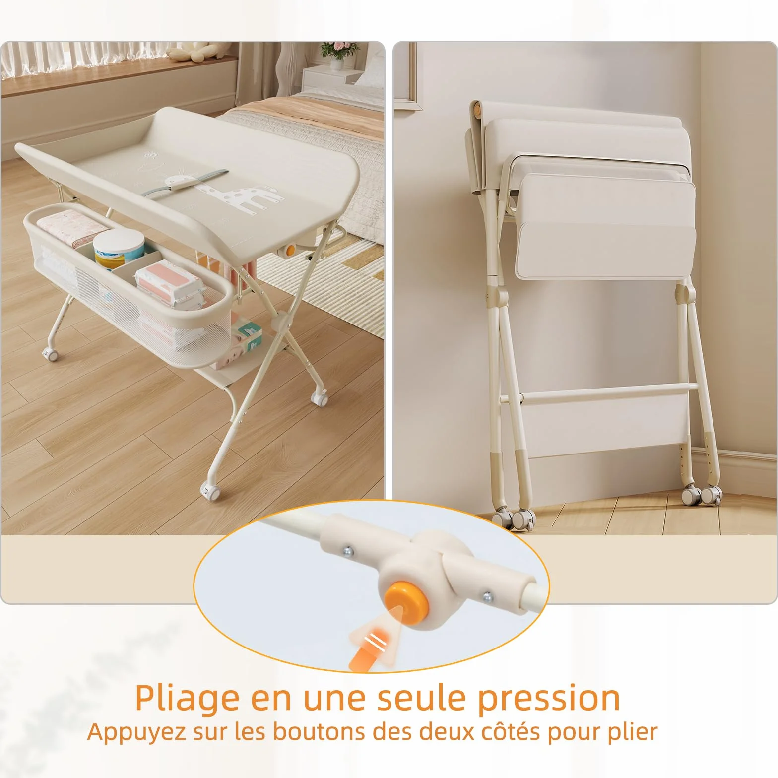 Supfine Table à Langer Pliable avec Panier Latéral, Réglable en Hauteur, Roulettes Verrouillables, Crème