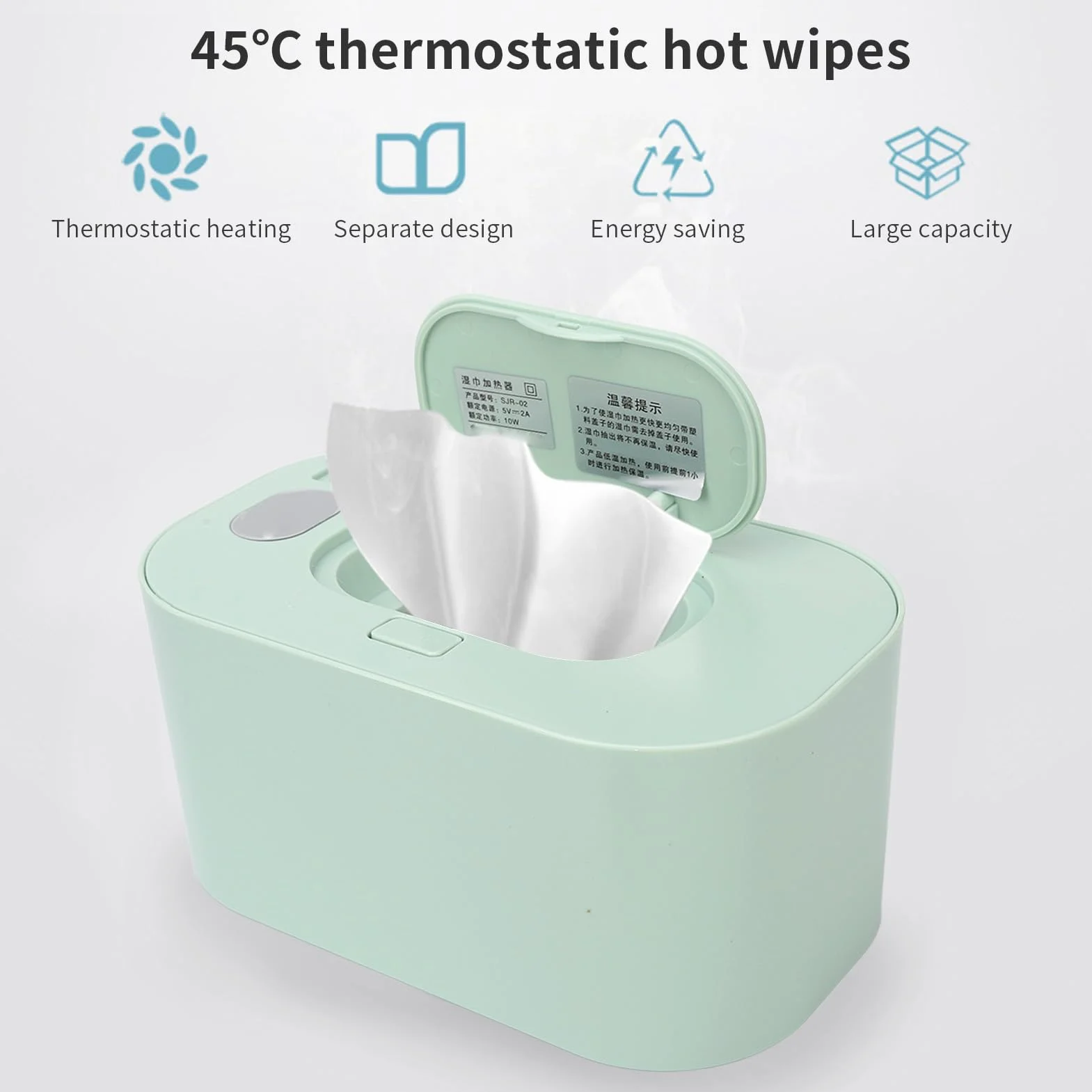 Lingettes Chauffantes Bébé, Boîte Portable Grande Capacité Thermostatique, Distributeur pour Maison, Vert