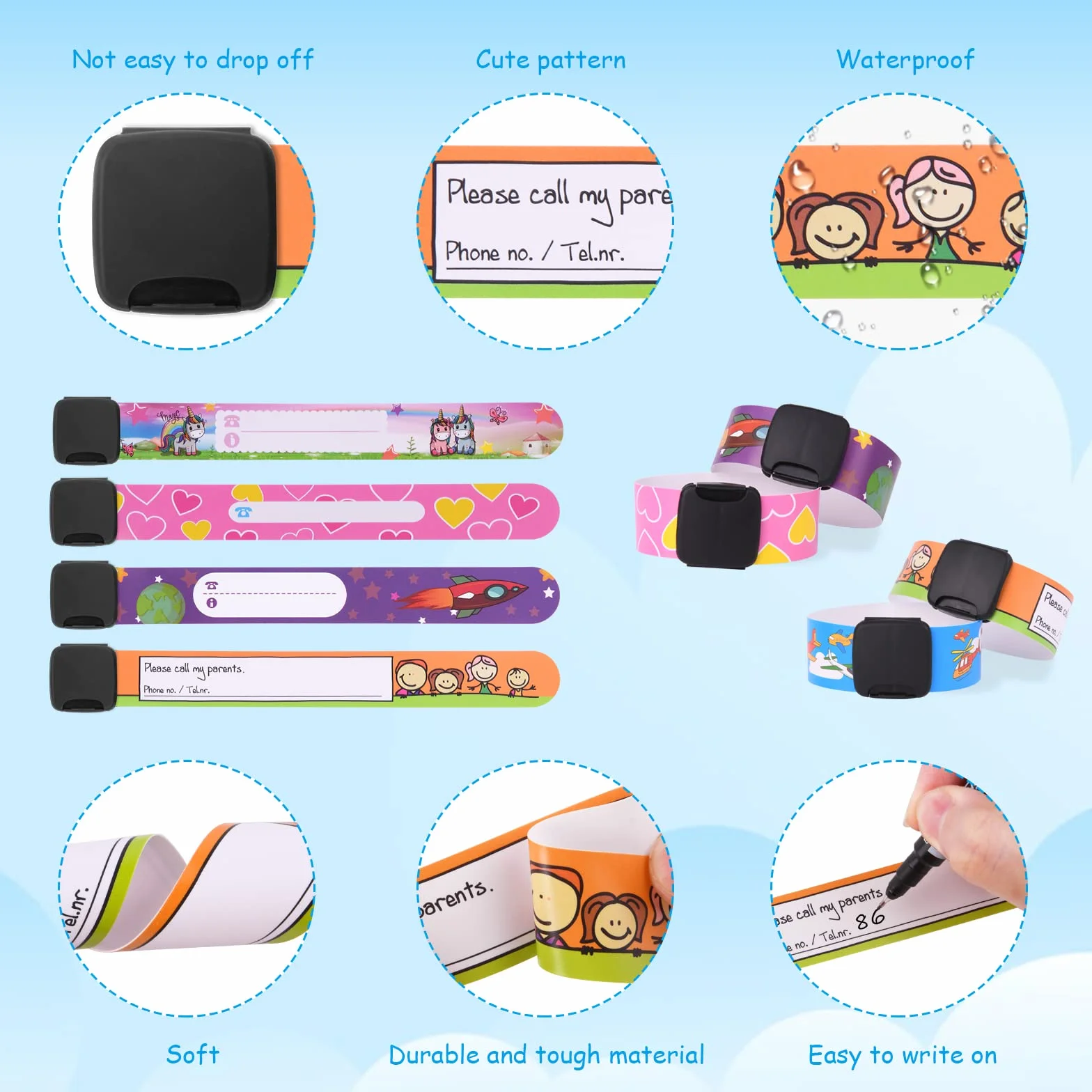 Bracelet Identification de Securit Enfant Vicloon 6PCS Anti Perdu Étanche Réutilisable